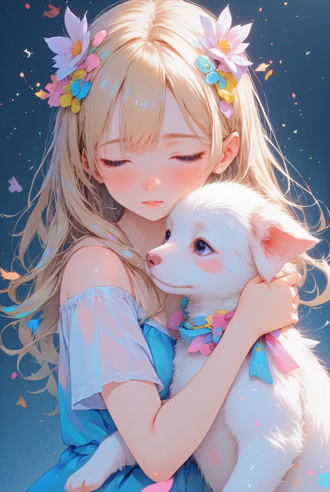 ultra detailed, absolutely resolution, masterpiece.
A girl gently hugs a running puppy.
various colorful iridescent foggy glitter effects.
extremely delicate depiction, extremely clear image, bold and dynamic, contrasts of light and shadow, 2.5D, artistic photography, hyper realistic, fusion of watercolor, acrylic and collage, conceptual installation art