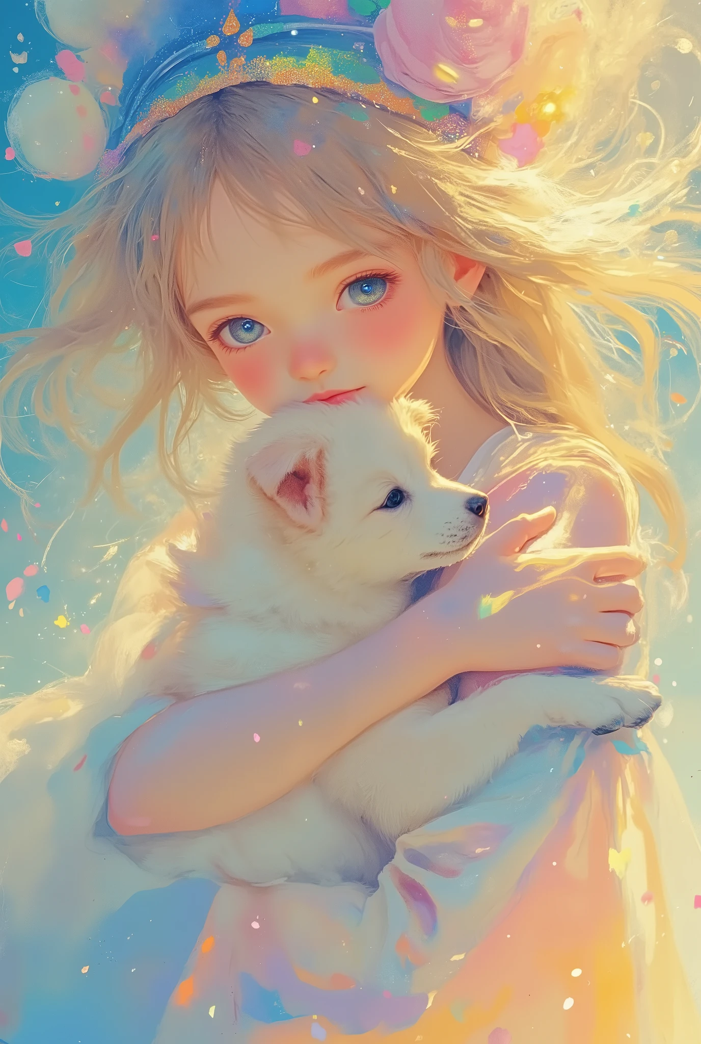 ultra detailed, absolutely resolution, masterpiece.
A girl gently hugs a running puppy.
various colorful iridescent foggy glitter effects.
extremely delicate depiction, extremely clear image, bold and dynamic, contrasts of light and shadow, 2.5D, artistic photography, hyper realistic, fusion of watercolor, acrylic and collage, conceptual installation art