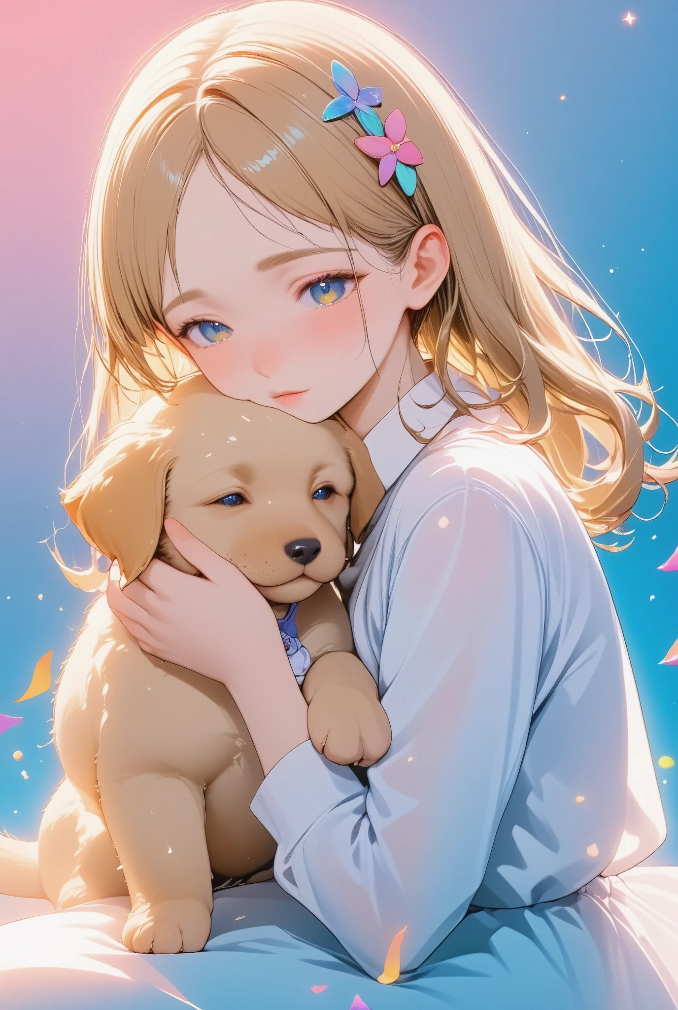 ultra detailed, absolutely resolution, masterpiece.
A girl gently hugs a running puppy.
various colorful iridescent foggy glitter effects.
extremely delicate depiction, extremely clear image, bold and dynamic, contrasts of light and shadow, 2.5D, artistic photography, hyper realistic, fusion of watercolor, acrylic and collage, conceptual installation art