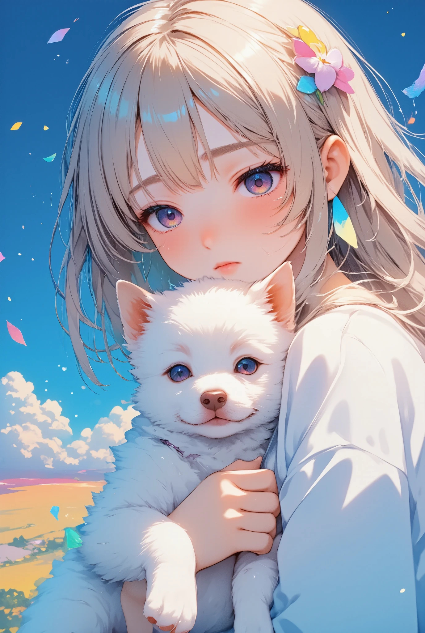 ultra detailed, absolutely resolution, masterpiece.
A girl gently hugs a running puppy.
various colorful iridescent foggy glitter effects.
extremely delicate depiction, extremely clear image, bold and dynamic, contrasts of light and shadow, 2.5D, artistic photography, hyper realistic, fusion of watercolor, acrylic and collage, conceptual installation art