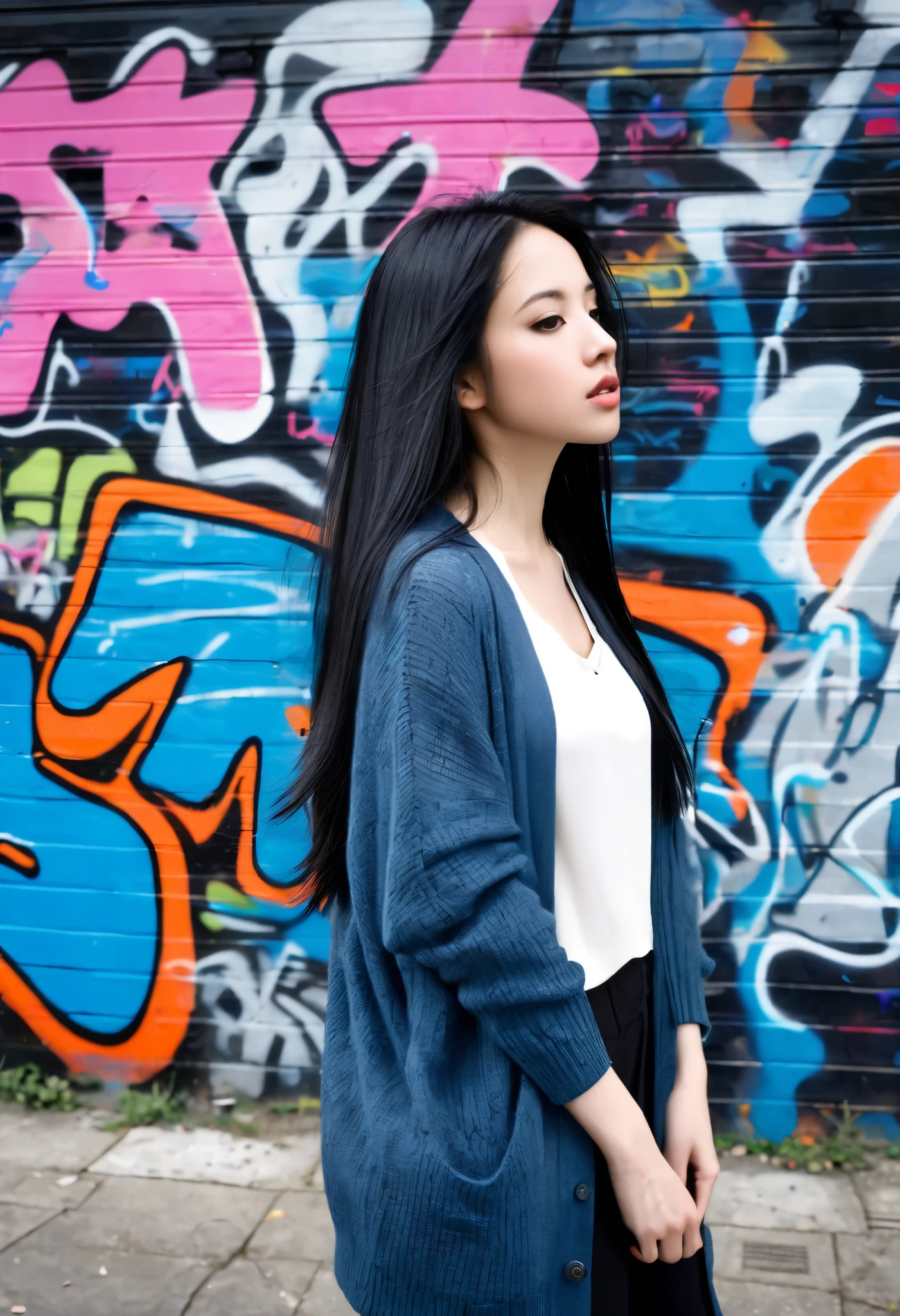 score_9_ up , score_8_ up , score_7_ up , Abstract, 1 girl, alone, Age 25, no face , Close view ,(adult),m,long black Hair, with wind and facing away from the viewer, Blu cardigan, portrait photo turn around portrait,( background is an abstract graffitied wall:1.3), is written in depth
