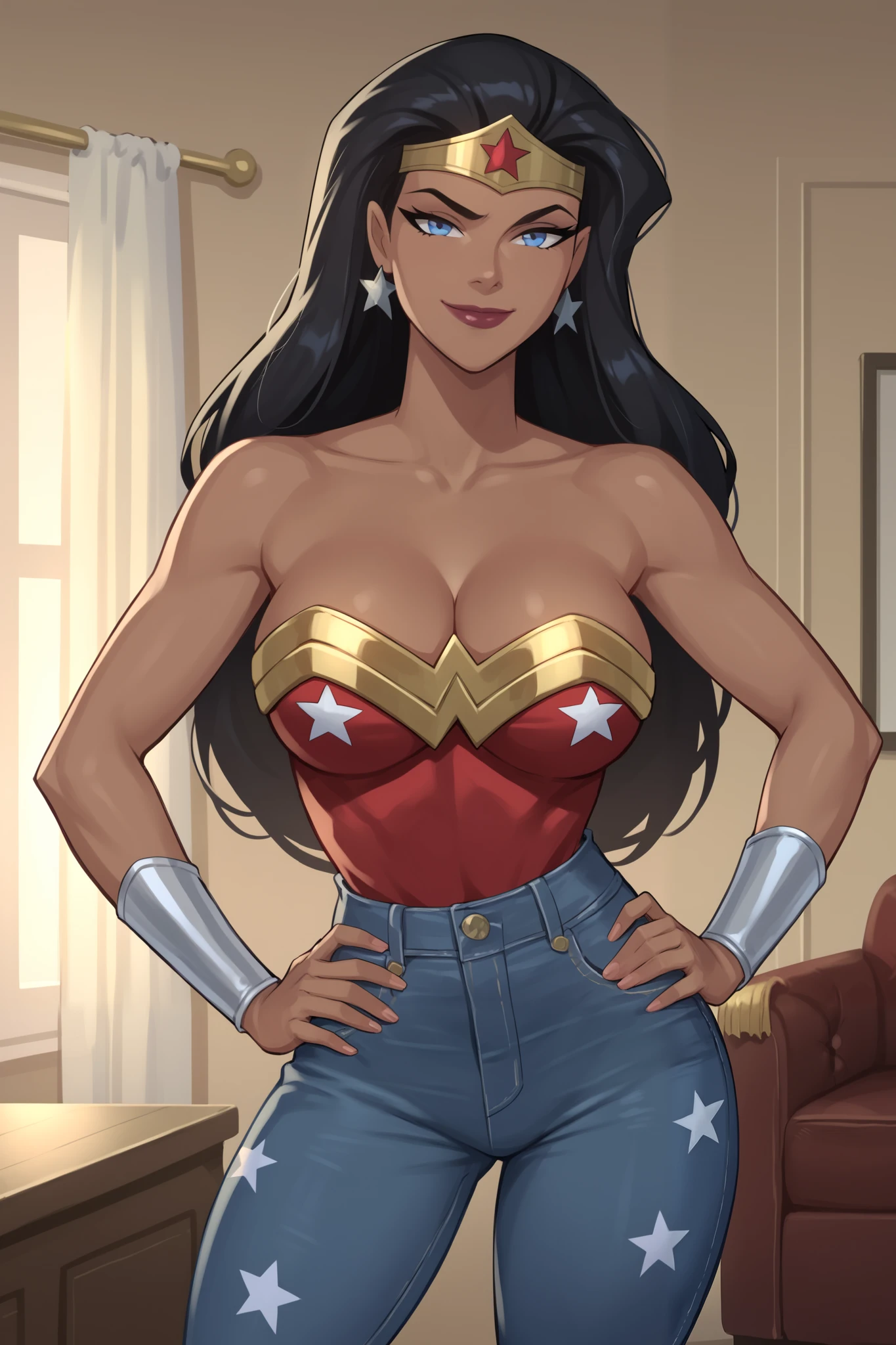 PonyXLV6_Scores BREAK ((parody), perfect anatomy, perfect eyes, cowboy shot), BREAK diana prince, long hair, black hair, blue eyes, lipstick, dark-skinned female, flirting, raised eyebrow, ((looking at viewer)), bare shoulders, cleavage, silver tank top, silver jeans, tiara, jewelry, star earrings, star print, large breasts, curvy, toned, athletic, seductive pose, hands on hip, indoors, smiling, closed mouth