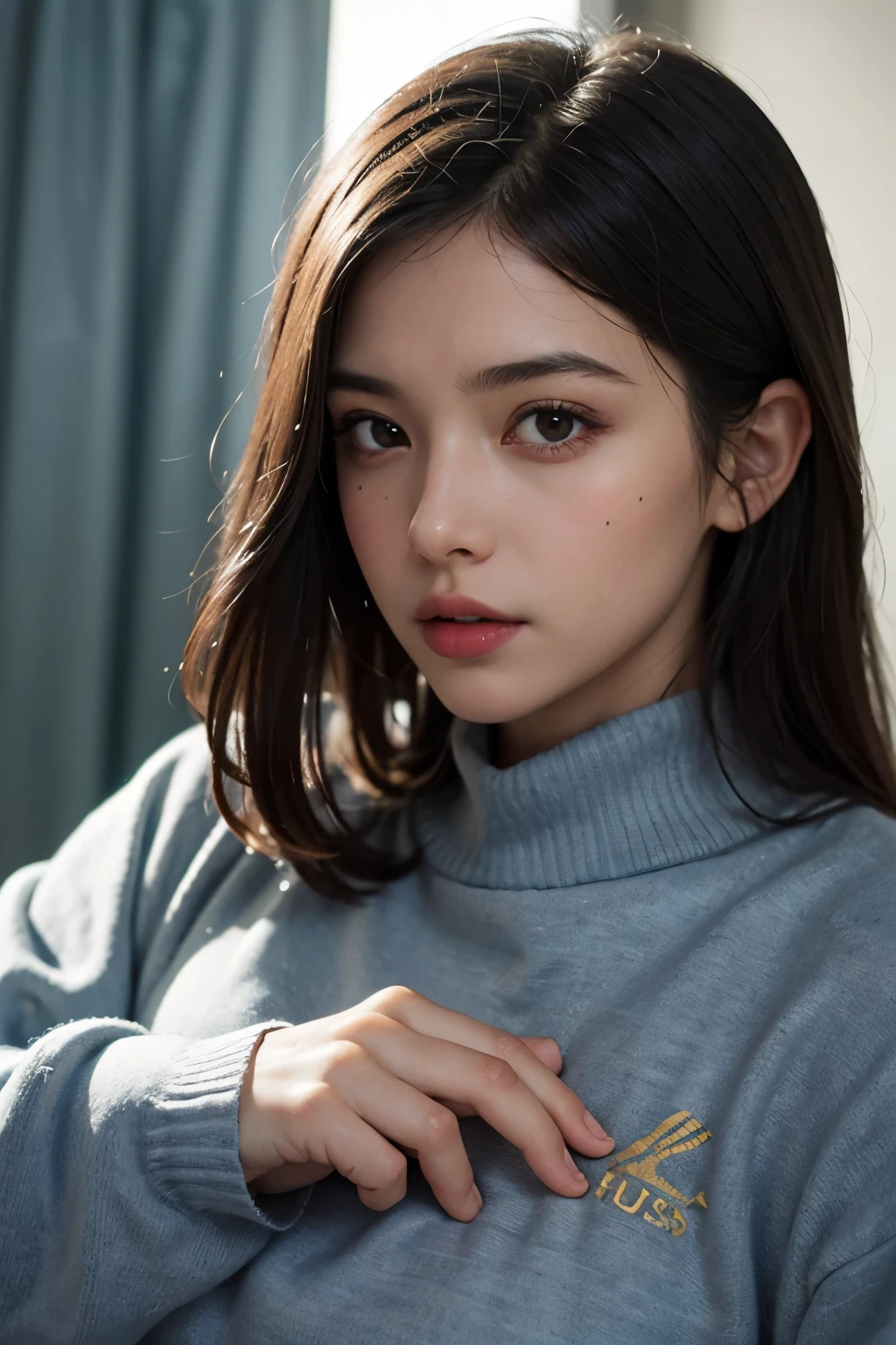The highest image quality, tmasterpiece, Super tall:1.4), Number of photos, 1 girl in,Highly Detailed Face and Skin Textur,  detailed eyes , photorealistic eye, beautiful detailed eyes, (Realistic skin), Attractive, Ultra-high sharpness, hyperrealistic, Very meticulous, the golden ratio, (sweatshirts, water leakage, that&#39;It&#39;s too dark, be desperate, compassionate, Poor, film lighting, watery big eyes, watery big eyes, (Torn clothes: 1.5), ((wetclothes: 1.4)), shoulder, True rain, Wet hair, ((Korea, of the whole body))