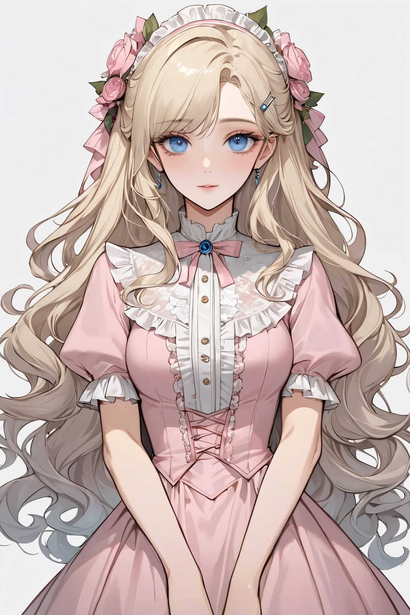 (extreamly delicate and beautiful:1.2), 8K,(masterpiece:1.0),(best_quality:1.0), 1 girl, and intricate detailing, Enlarged textures, and intricate detailing, finely eye and detailed face, and intricate detailing, platinum blonde long hair (sweet smiley), Perfect eyes, Equal eyes, carolina blue perfect eyes, (A famale god) with pink victorian lady manhwa dress, look at camera, platinum blonde curls long hair, carolina blue perfect eyes, platinum blonde curls long hair, carolina blue perfect eyes,, Full body, simple background, pink victorian lady manhwa dress, perfect body, simple background, hairpin