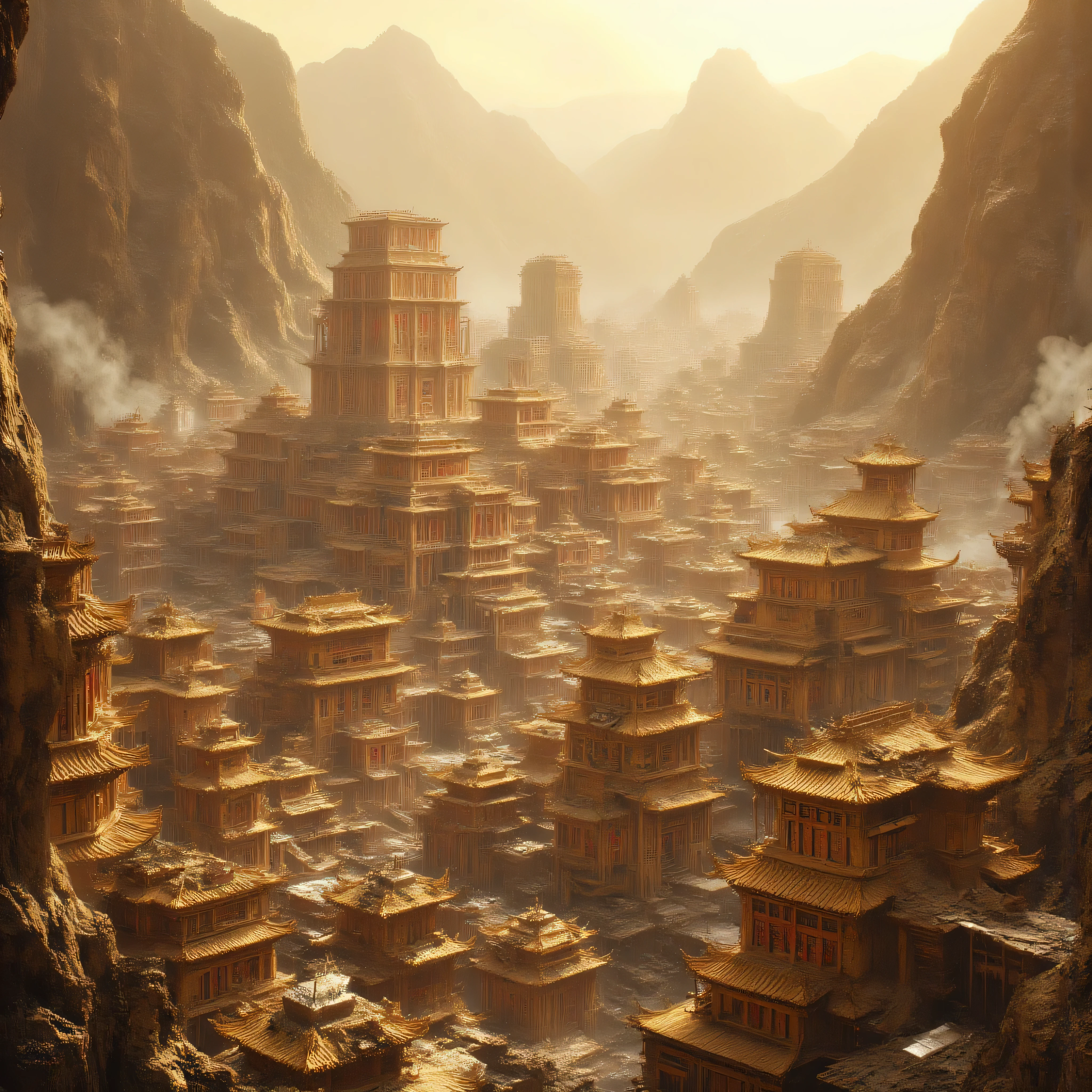 AErial shot of 5,000-year-old Indian city with Indian architecture. Ornate pillars, dozens of " intricate carvings temples spread across area large" and 100' of golden palaces, houses Spread across large area and Surrounded by a moat and a high wall. Buiit on a grid system. low fog around. 3D Game Cinematic Feel, Epic 3D Videogame Graphics, Intricately Detailed, 8K Resolution, Dynamic Lighting, Unreal Engine 5, CryEngine, Trending on ArtStation, HDR, 3D Masterpiece, Unity Render, Perfect Composition SeaArt Bot Upscaling 19:51:24 AErial shot of 5,000-year-old Indian city with Indian architecture. Ornate pillars, dozens of " intricate carvings temples spread across area large" and 100' of golden palaces, houses Spread across large area and Surrounded by a moat and a high wall. Buiit on a grid system. low fog around. 3D Game Cinematic Feel, Epic 3D Videogame Graphics, Intricately Detailed,