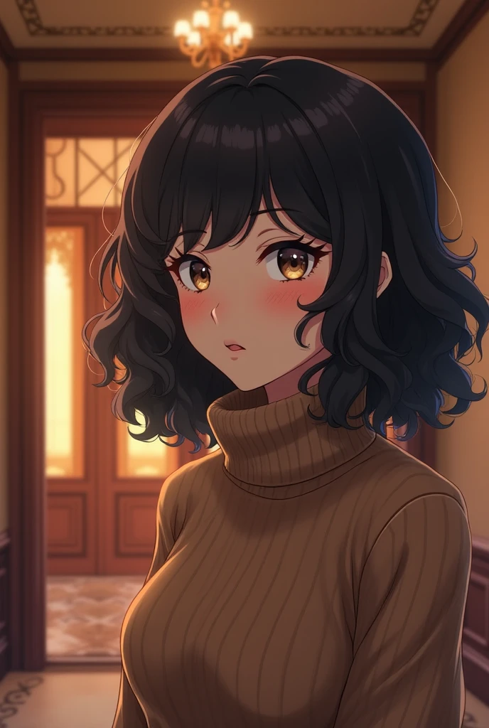 Anime woman 4k, mansion, Warm lighting , high neck coffee sweater, curly hair color black, Cute white eyes, pink cheeks, mirando a la izquierda, Very white eyes