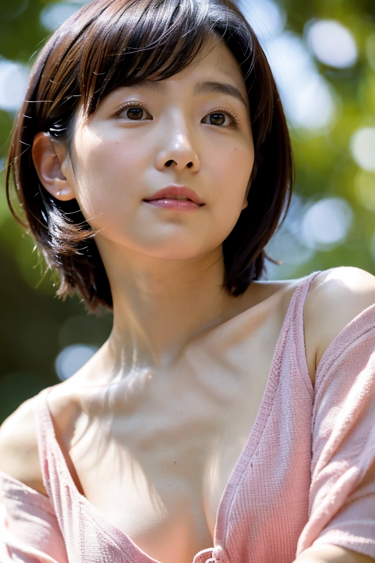 (Best Quality, 8K, 32K, masutepiece, nffsw:1.2),Photo of Pretty Japanese woman,Black short hair,Beauty face,(Leaning forward:1.3),Squatting,(From above:1.2),(close up:1.4),POV,Loose T-shirt,Big breasts beautiful breasts:0.9),Outdoors,Windy,Shiny skin,Blurry background,