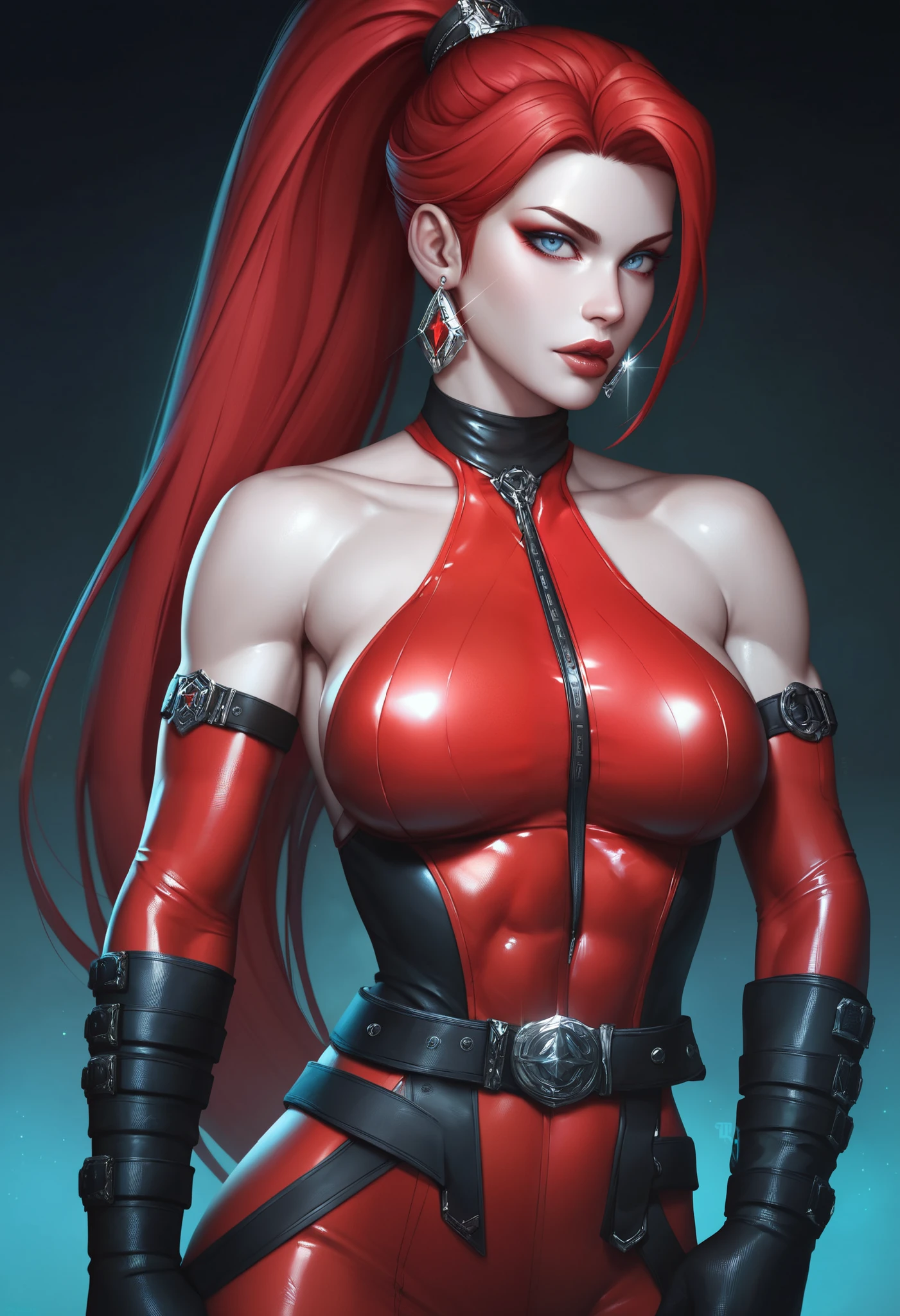 ((Sexy, tall and very beautiful skarlet from mortal kombat videogame series)) ((dark eyeshadows make up)) (()) (()) ((big bright white eyes)) (()) ((seductive)) ((very long straight redhead hair with pony tail)) ((big breasts:1.5)) ((slender body:1.3)) ((wears sexy red bra thong bottom, long gloves, long knee high boots)) (()) ((choker)) (()) ((abandoned temple)) ((pale light)) ((high definition:1.5)) ((masterpiece:1.5)) ((8k:1.5)) ((Best quality:1.4)), more_details:-1, more_details:0, more_details:0.5, more_details:1, more_details:1.5,