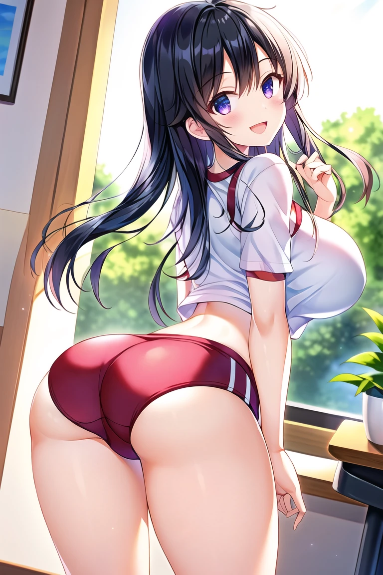 ichijou hotaru, ((li)), ((camp tent)), solo, long hair, black hair, ((blush:1.3)), happy smile, blue sky, windy:1.2, medium breasts, ((white frilled striped panties)), closed mouth, ((from below)), ((leaning forward)), ((from behind)), ((looking back:1.5)), ((hand on own ass:1.5)), ((all fours:1.5)), ((t-shirt)), ((skirt))