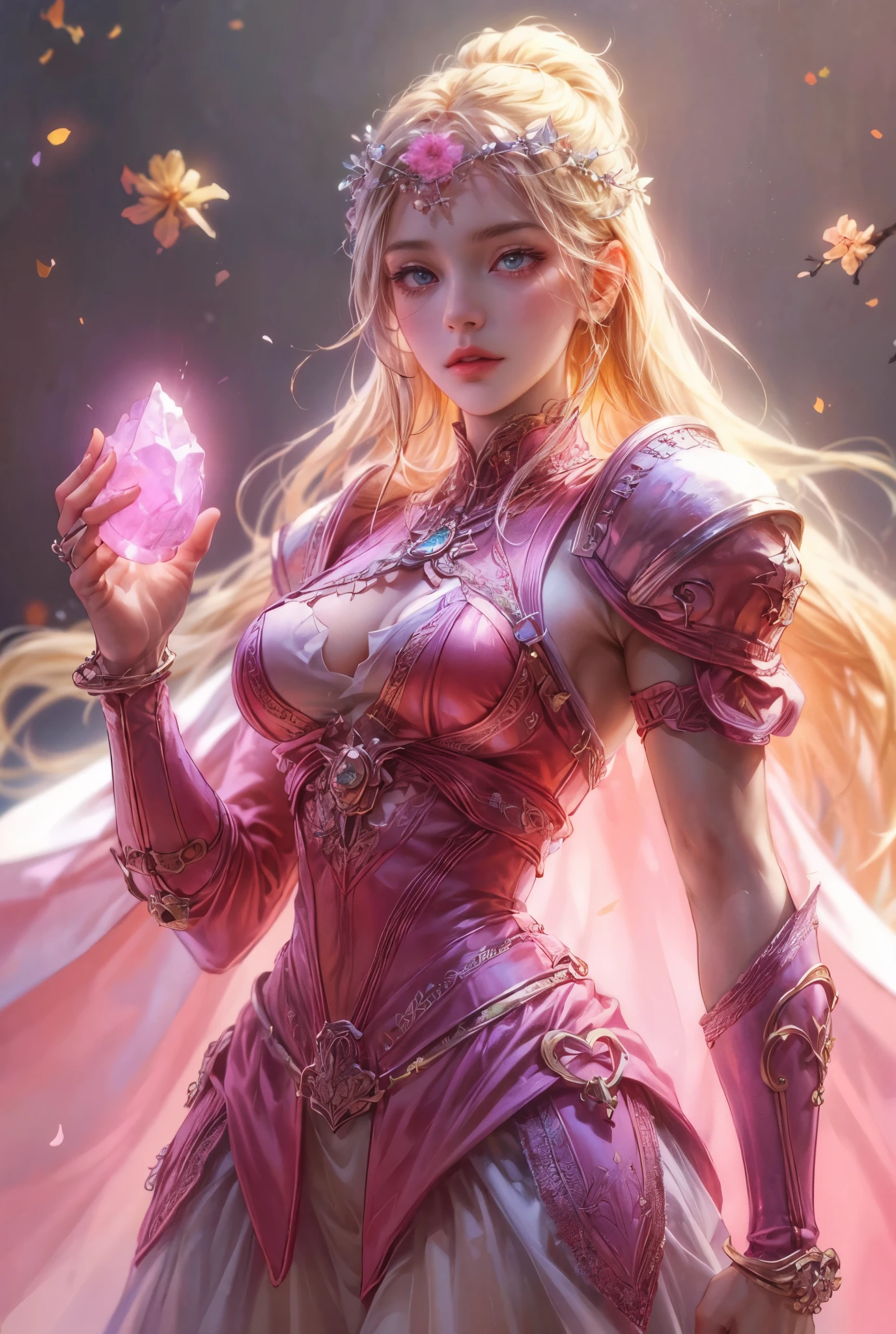 Bokeh, masutepiece, Best Quality, High quality, absurderes, hight resolution, 8K, 4K, (Full body:1.3), (mecha musume:0.8), armor, place々Exposed Yes,Older, deadpan, Long silver hair, hair between eye, side locks, (Pink eyes:1.4), From below, Looking down, medium breasts, Pink cloak, diadems, Pink eyeliner, Pink, Partially light blue