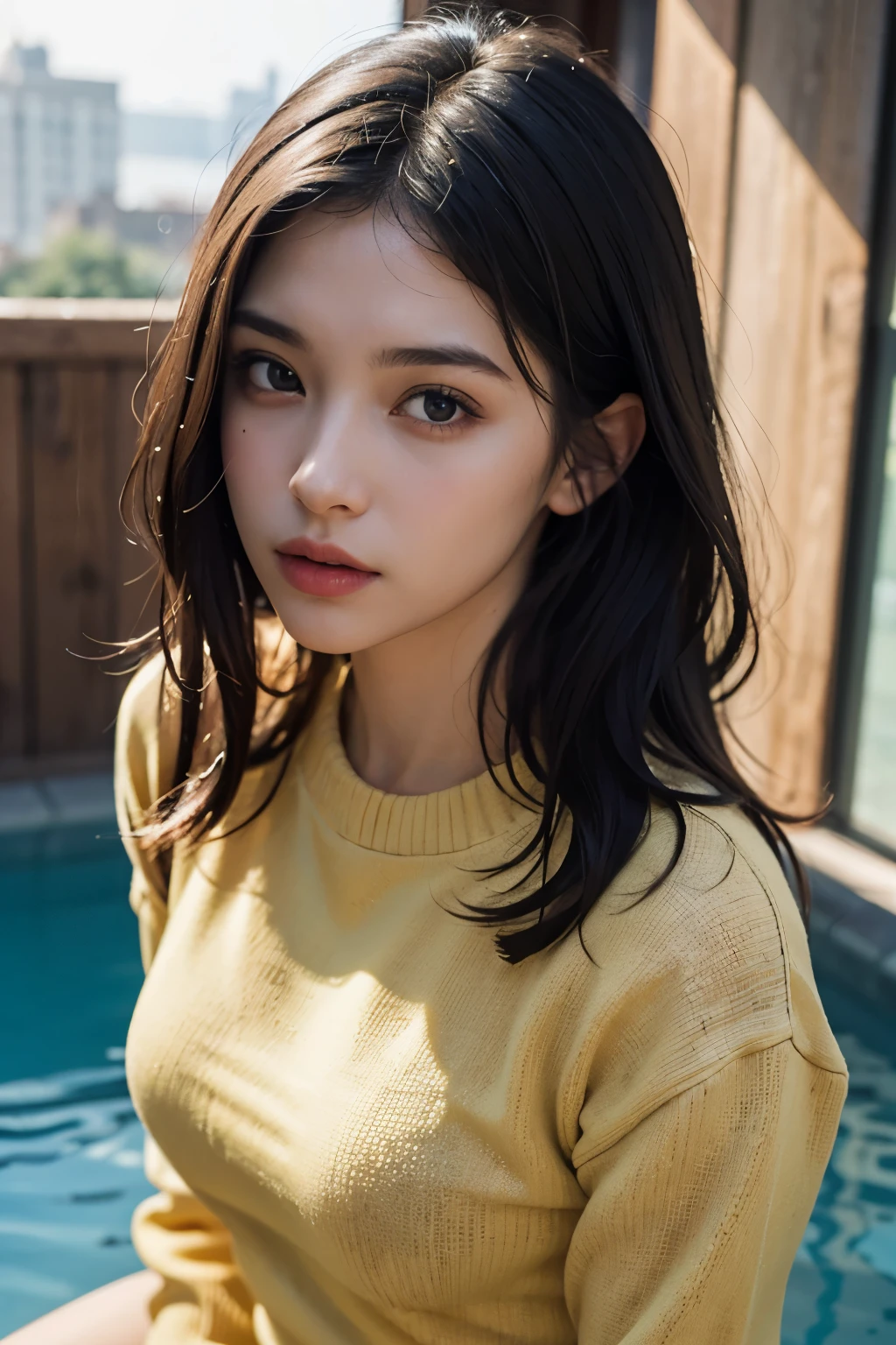 The highest image quality, tmasterpiece, Super tall:1.4), Number of photos, 1 girl in,Highly Detailed Face and Skin Textur, detailed eyes , photorealistic eye, beautiful detailed eyes, (Realistic skin), Attractive, Ultra-high sharpness, hyperrealistic, Very meticulous, the golden ratio, (sweatshirts, water leakage, that'It's too dark, be desperate, compassionate, Poor, film lighting, watery big eyes, watery big eyes, (Torn clothes: 1.5), ((wetclothes: 1.4)), shoulder, True rain, Wet hair, ((Korea, of the whole body))