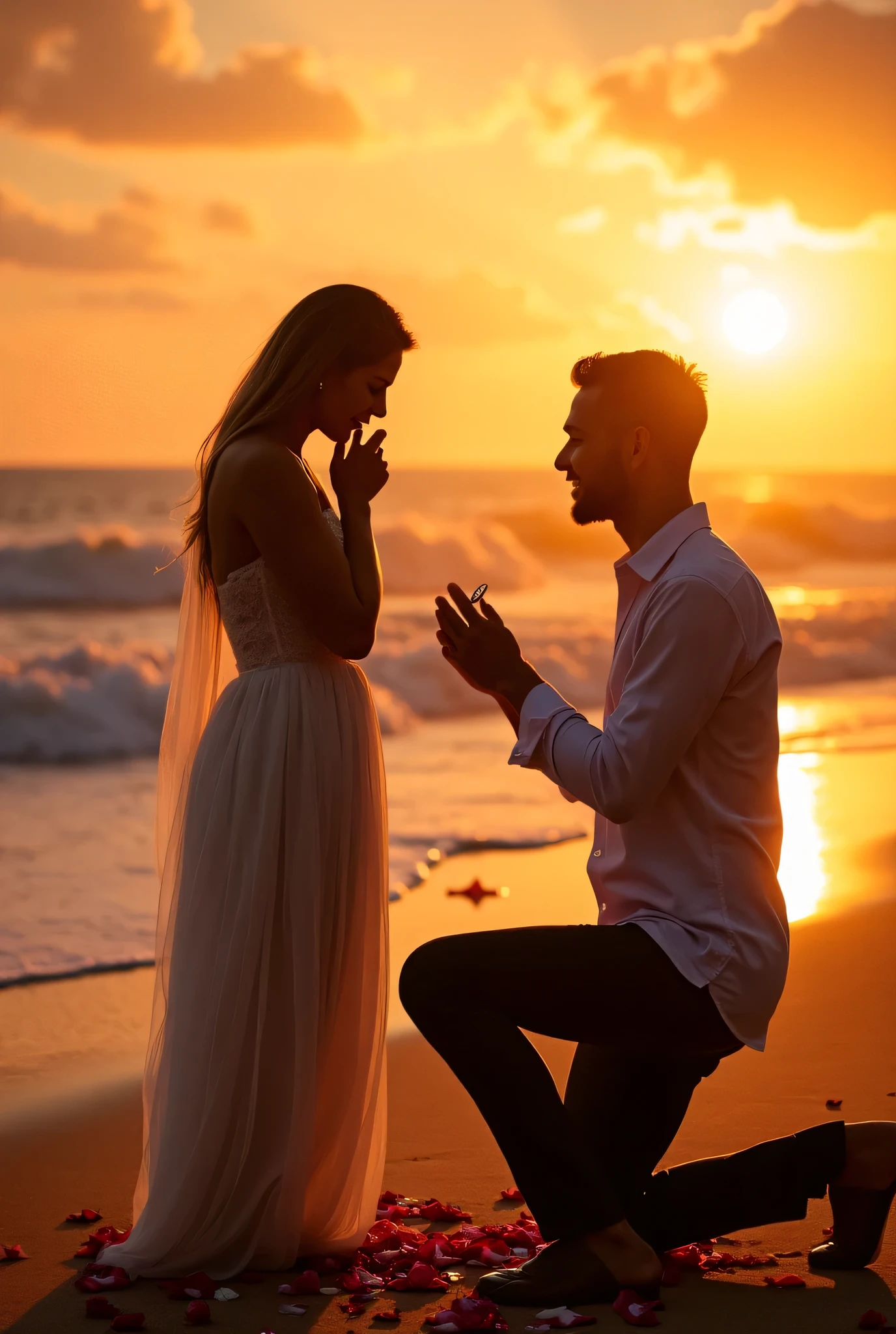 Black headscarf on the beach, white long sleeve t shirt, baggy black sweatpants, barefoot, Sexy skinny woman. Man kneeling in front of woman, Woman touching the front of man sweatpants with her foot.