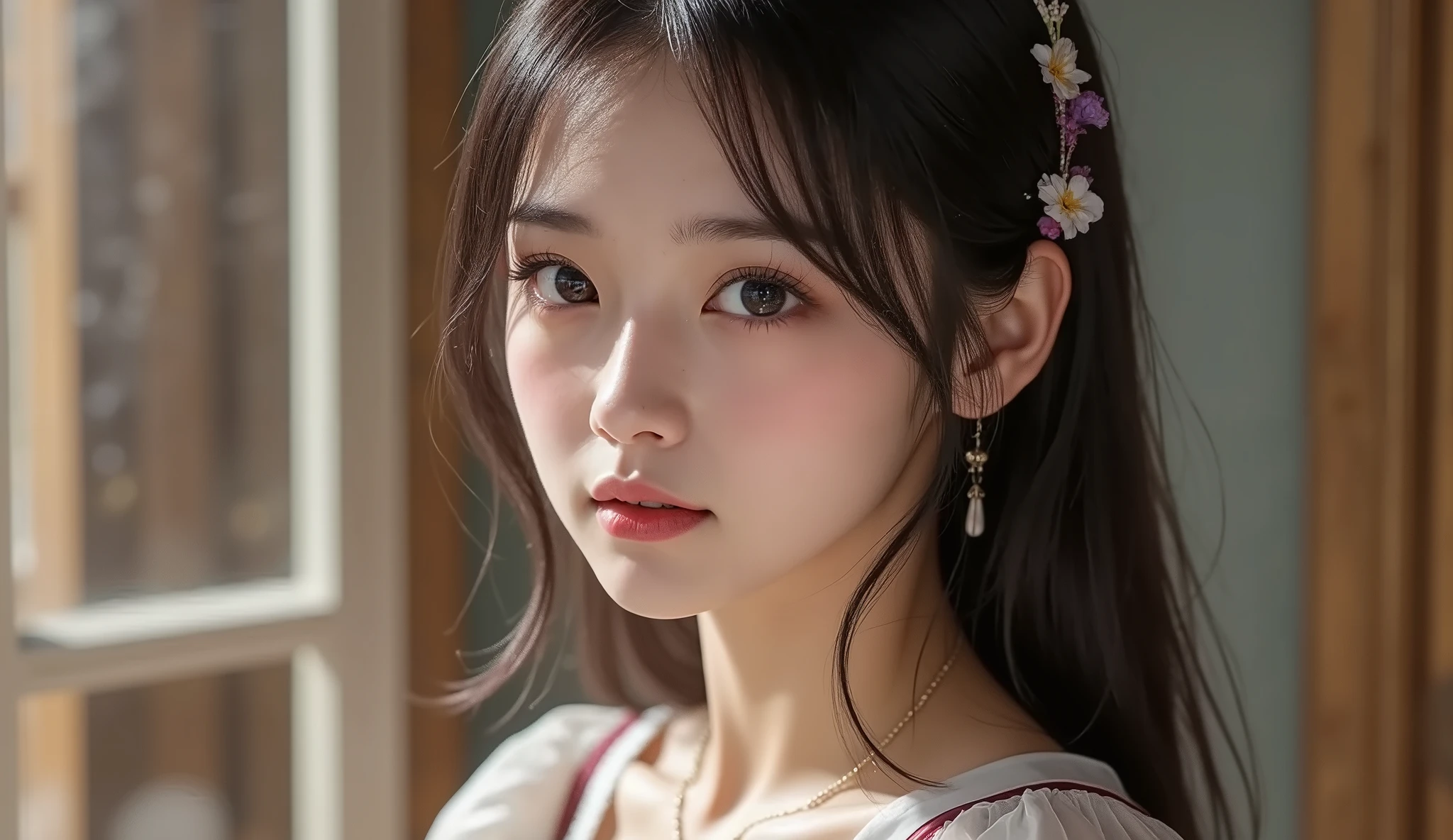 8k, ultra high resolution , top quality, masterpiece,rule of thirds,golden ratio, surreal, photos, one woman,( girl:1.3), cute, cute顔, Beautiful Eyes in Every Detail , 細かく Details, Mature Women, princess,extream close up,smile, black hair,Messy hair,ID photo, luxurious and beautiful ,(A fusion of rococo dresses and bondage fashion), (( sexy pose)),((( ecstatic expression))), very delicate expression , delicate eye description,, Healthy Body , (( 1 female)), Height: 160cm, (( thin thighs)) ,( thin waist:1.4)、( Beautiful :1.4), pink lips, profile,((( ideal figure))),Small bust, A cup :2,、 portraits:2、 perfect anatomy 、鮮明な Details、 Details, thin lips,Perfect and beautiful face ,完璧で cute顔, Meticulous Skin , Perfect Limbs 、 thin waist, surreal,Light and Dark, fashion magazine cover,glowing