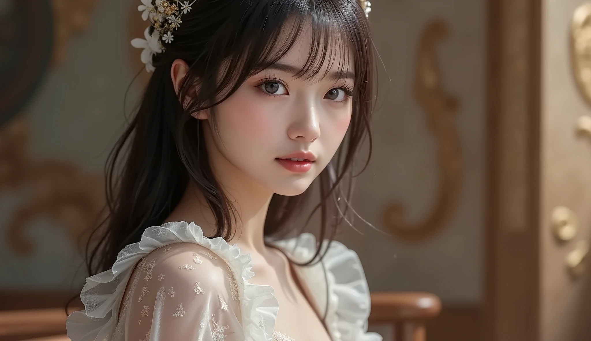 8k, ultra high resolution , top quality, masterpiece,rule of thirds,golden ratio, surreal, photos, one woman,( girl:1.3), cute, cute顔, Beautiful Eyes in Every Detail , 細かく Details, Mature Women, princess,extream close up,smile, black hair,Messy hair,ID photo, luxurious and beautiful ,(A fusion of rococo dresses and bondage fashion), (( sexy pose)),((( ecstatic expression))), very delicate expression , delicate eye description,, Healthy Body , (( 1 female)), Height: 160cm, (( thin thighs)) ,( thin waist:1.4)、( Beautiful :1.4), pink lips, profile,((( ideal figure))),Small bust, A cup :2,、 portraits:2、 perfect anatomy 、鮮明な Details、 Details, thin lips,Perfect and beautiful face ,完璧で cute顔, Meticulous Skin , Perfect Limbs 、 thin waist, surreal,Light and Dark, fashion magazine cover,glowing