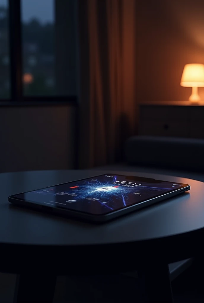 an iPad that is on top of a black wooden table an iPad screen with the Netflix app on the screen, at night