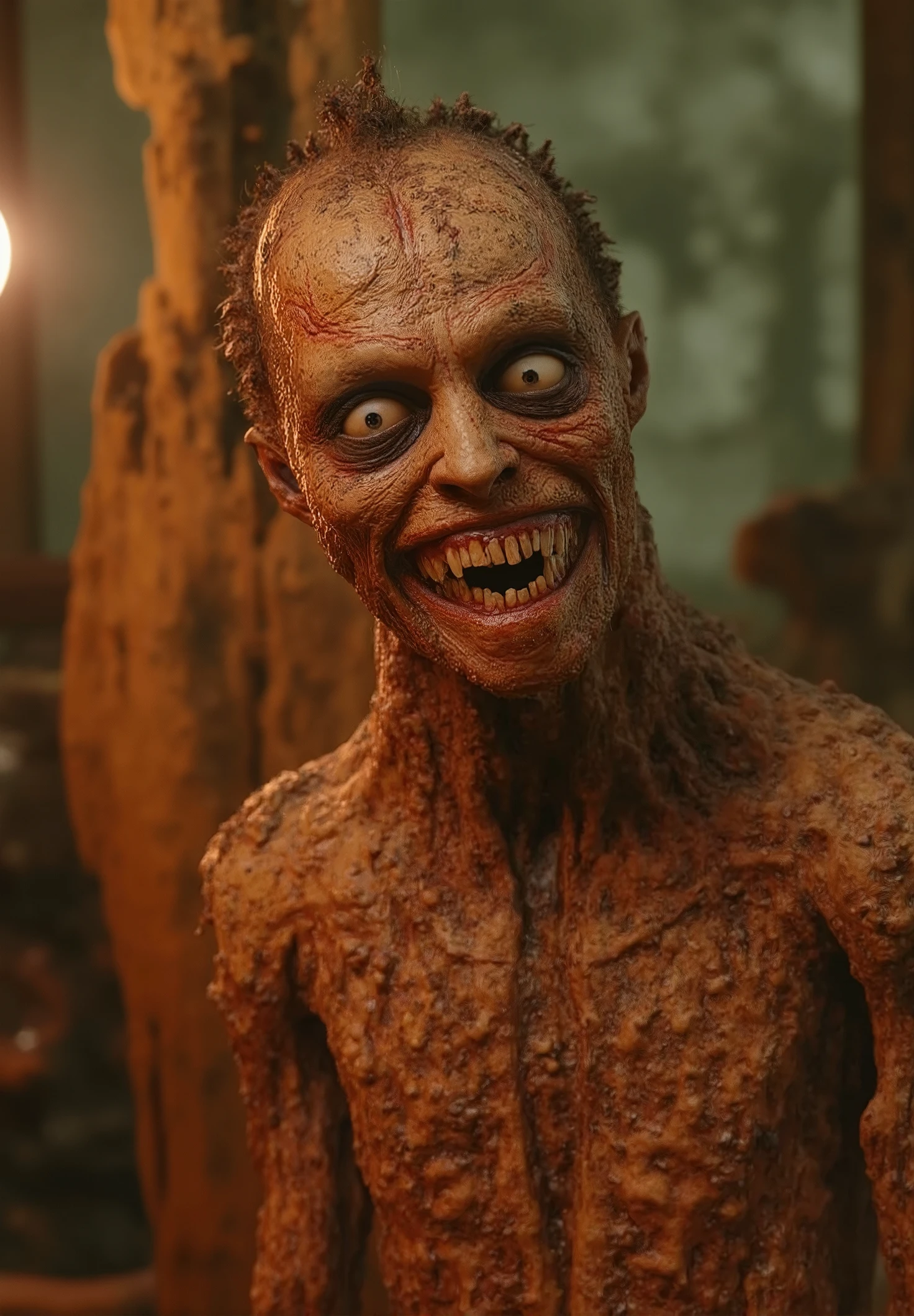 Wight:1, ((medium range)), sozinho, olhos vermelhos, Bloody, musgo, sujo, decaying meat, dark cinematic lighting, (beco urbano: 1.5), lixeiras, Ratos, Baratas