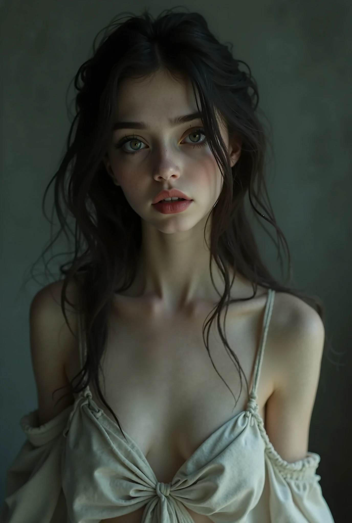 a sad and weary young woman, hollow expression, skinny figure, wearing loose clothes, exhausted look, no energy, unable to gain weight, pale complexion, petite breasts, (best quality,4k,8k,highres,masterpiece:1.2),ultra-detailed,(realistic,photorealistic,photo-realistic:1.37),highly detailed face, beautifully detailed eyes, beautiful detailed lips, extremely detailed eyes and face, long eyelashes, melancholic mood, vulnerable, alone, natural lighting, muted color palette, cinematic composition