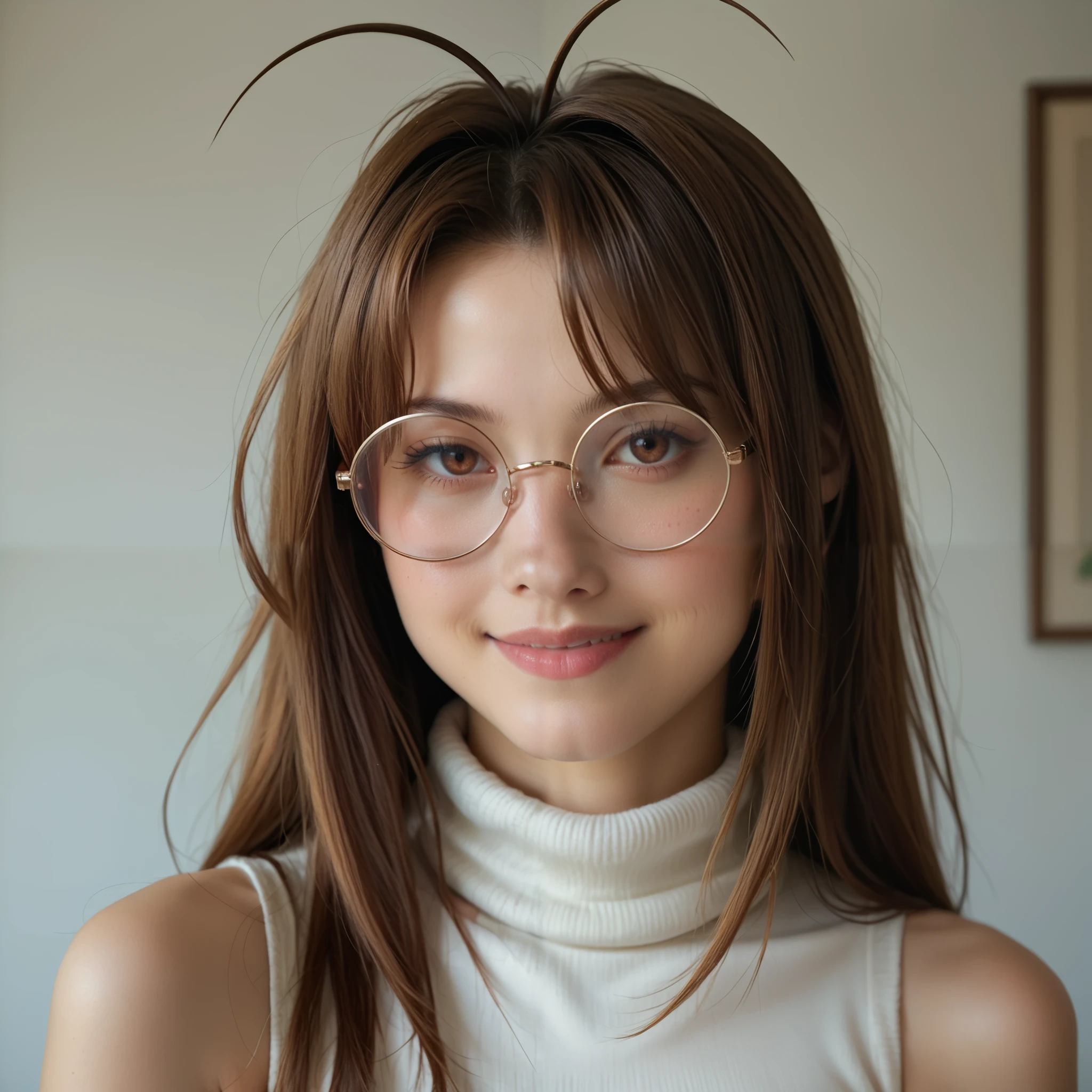 narunarusegawa, naru narusegawa, long hair, brown hair, antenna hair, realistic antenna hair, antenna hair looks like real hair, brown eyes, amazingly beautiful face, realistic japanese female face, light cosmetics, detailed face,
gothic girl outfit, black stockings, black skirt, sleeveless, black miniskirt, turtleneck, sleeveless turtleneck, round glasses
indoors,
looking at viewer, smiling, centered photo, UHD 16K RAW Photo, photorealistic, masterpiece, best quality