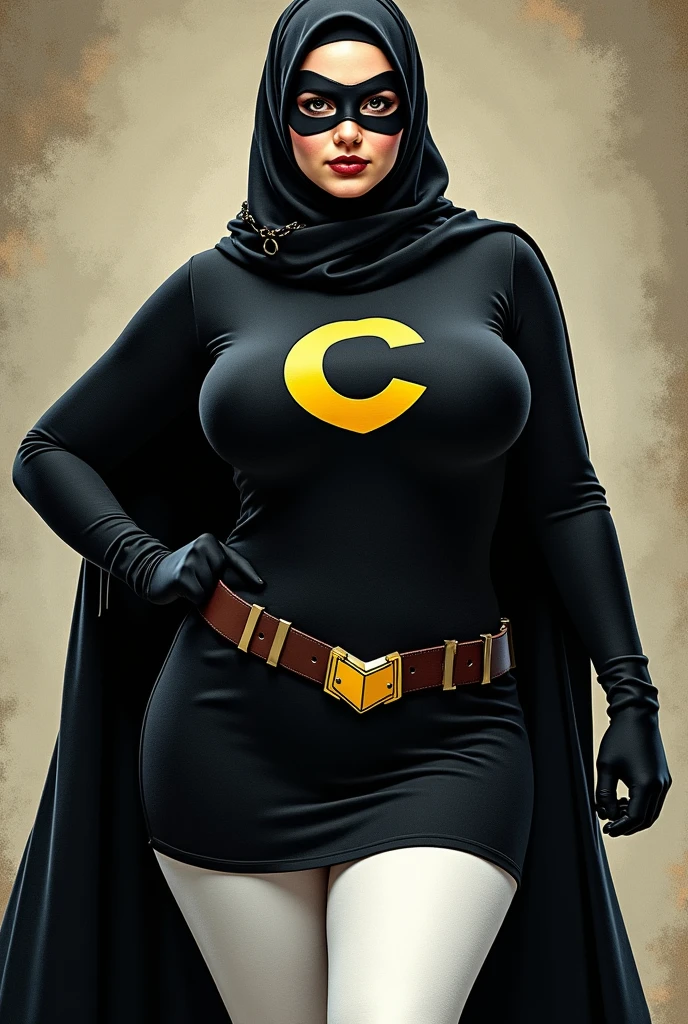 Draw a picture of a woman wearing a black hijab with large breasts poking out in a large futuristic robot suit. The robot is dominated by white and black and is equipped with a large cannon on its right arm that emits bright gold explosions. The background should depict a dramatic scene with lightning in the sky and burning buildings, showing an intense battle scenario, the '3DBangroma' logo.