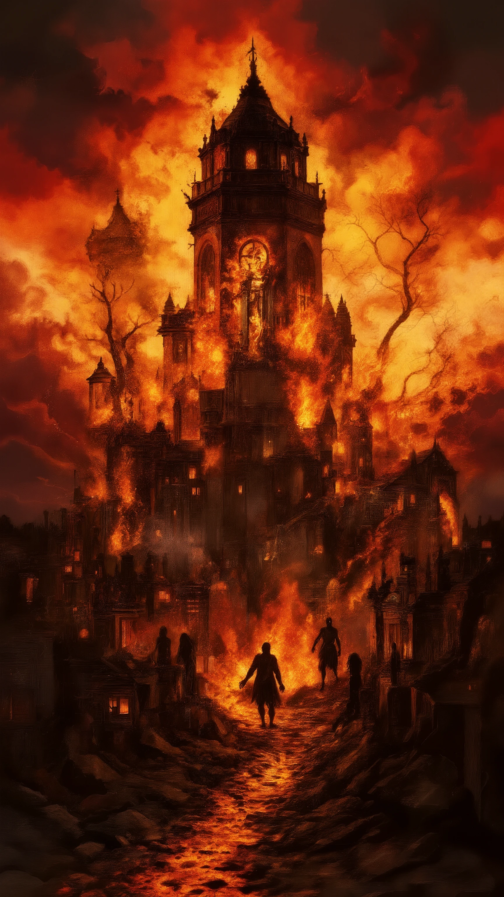 gothic horror, cinematic composition, ultra-detailed, a cursed monument burning in hellfire, its form cracking and collapsing under the relentless blaze, dark silhouettes writhing within the flames, infernal symbols glowing on shattered stone, thick smoke rising into the blood-red sky, unnatural tendrils of fire creeping across the ruins, distorted echoes of suffering carried by the wind, deep contrast between the molten glow and the consuming darkness