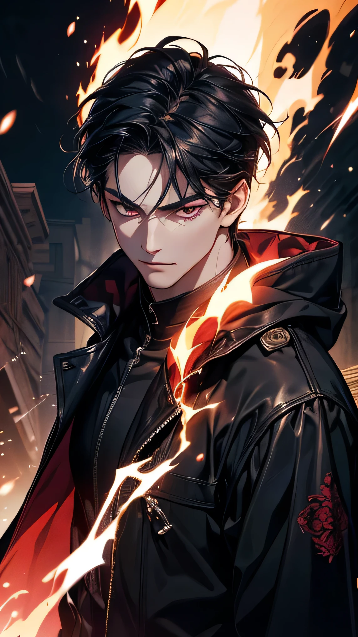 A captivating Dutch-shot of a villain boy witha blacktuxedo, his magnificent red crystalline Sharingan eyes awakening and emitting a radiant reflective red light, against a background of falling crow's feathers, 4k, UHD, HDR, ultra-detailed, realistic, photorealistic, sharp focus, physically-based rendering, vivid colors, studio lighting, masterpiece
