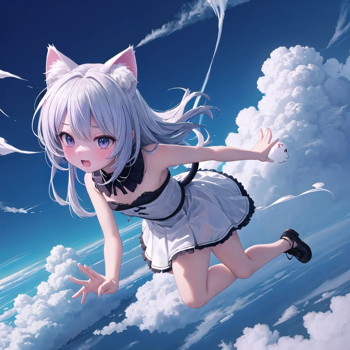 Anime girl with white hair and blue eyes flying in the sky, White cat lady, Gweitz, Very Beautiful Anime Cat Girl, artwork in the style of Gweitz, Gweitz on pixiv artstation, Gweitz on artstation pixiv, Beautiful anime cat girl, Trending on cgstation, anime wallpaper 4k, anime wallpaper 4k 座る