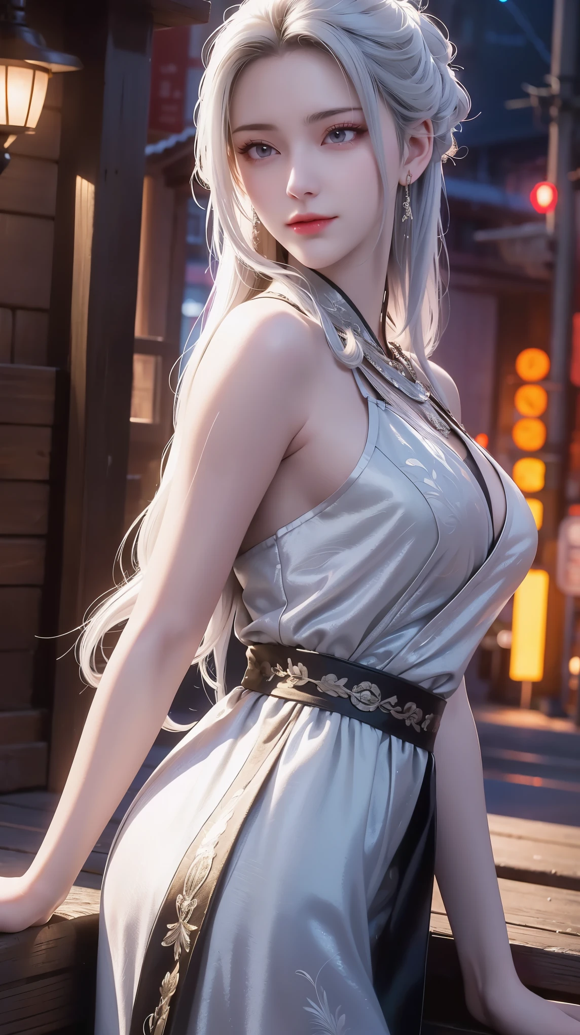 Best quality, masterpiece, ultra high resolution, (Reality:1.4), Original photo, Aesthetics and atmosphere, hidden gun, Film Grain, Soft Focus, Bokeh, Night Shooting, masterpiece realistic volumetric light,,1 girl, Purple Eyes, White hair, curls, giggle, (freckle:0.8), thigh, Medium chest, Upper body, (Shiny:1.3) Sequined long cns dress, Ray Traced Reflections, Desert Street, Footprints, City Lights, Sky, Leaning against the wall, From the side,