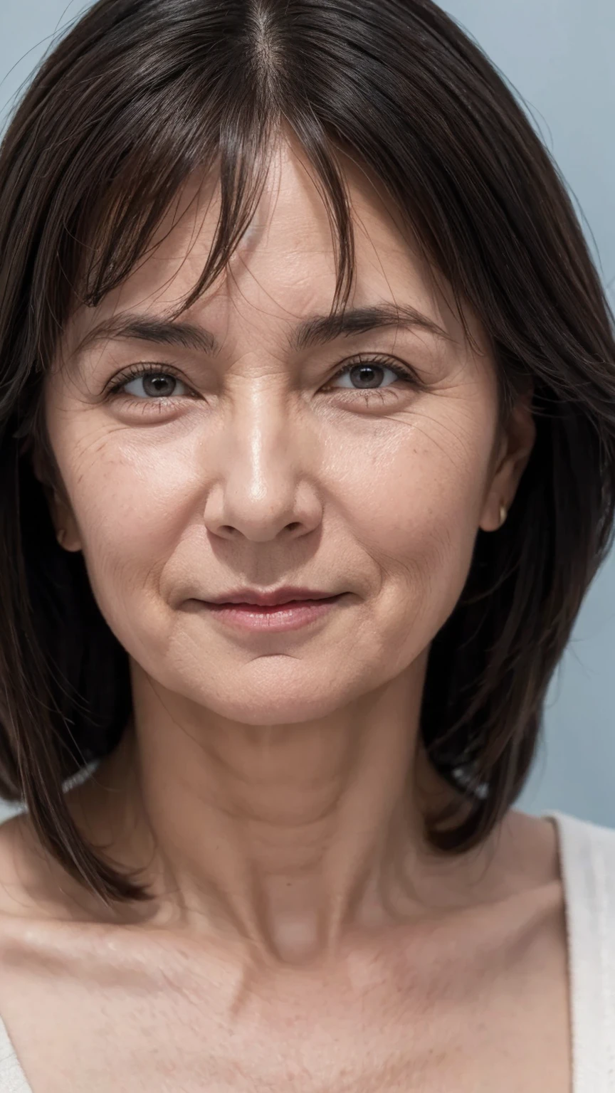 ((highest quality)), ((8K)), ((masterpiece: 1.3)), (perfect appearance), (photorealism: 1.6), (NG), (Mature woman standing), perfect anatomy, ((Age 65)), ((Face and eyes facing straight ahead: 1.3)), ((Looking at the camera: 1.3)), ((close-up on upper body: 1.3)), ((Naked: 1.3)), (sshort bangs, medium long hair), ((pale blue gray background)),