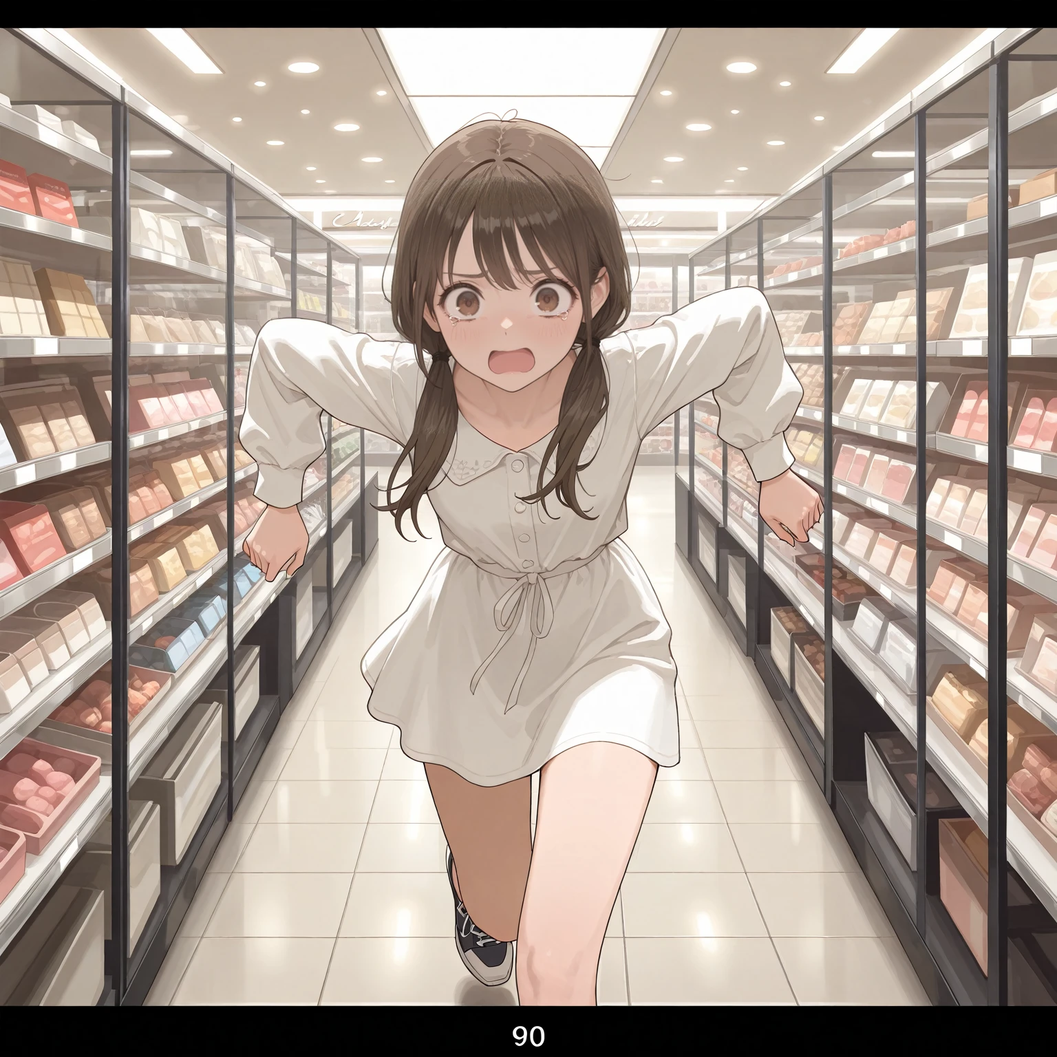 1girl float, barefoot, dim light, (raise legs:1.1), focus on 1soles, (masterpiece, best quality), seen from the back, (seen from the ground:1.1), 1girl standing in a store with lots of bottles on the shelves and a bag of stuff, depth of field, fisheye lens