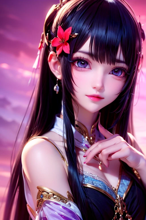 8k, masterpiece, 1 girl, Beautiful Face, Very long hair, light makeup, Fine grain, Detailed lips, Small person, (Beautifully designed dress:1.4), (Wearing Jewelry), Big Breasts、On the couch, sunset, evening, Blowing Wind, Random hairstyle、hair ornaments、Looking at the camera and smiling、cute、Baby Face、Japanese、Very delicately designed clothes、Golden Eyes