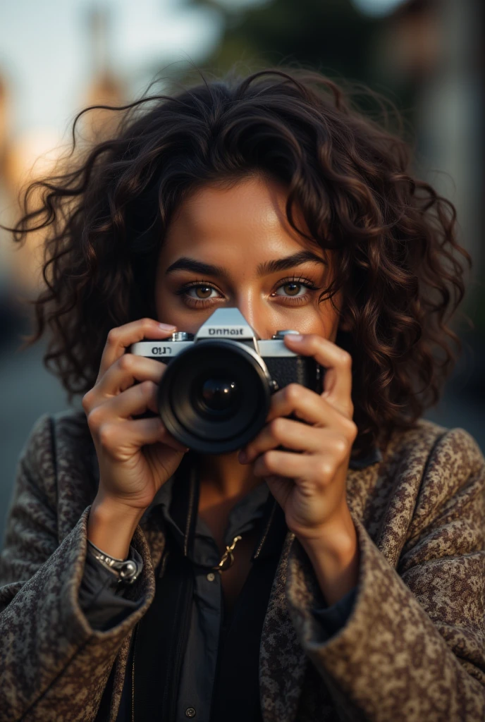 Cinematic style,
A close-up of a woman holding a camera, with her face partially obscured by the lens. The lighting is soft and natural, highlighting the details of her features and the texture of her hair. She has a thoughtful expression, suggesting she is focused on capturing the perfect shot.
The woman is wearing a patterned jacket, which adds a touch of style to the scene. The background is blurred, drawing attention to the woman and the camera. The overall mood of the image is one of concentration and creativity, capturing a moment of artistic expression. The combination of the woman's pose, the camera, and the soft lighting creates a visually appealing and memorable photograph.