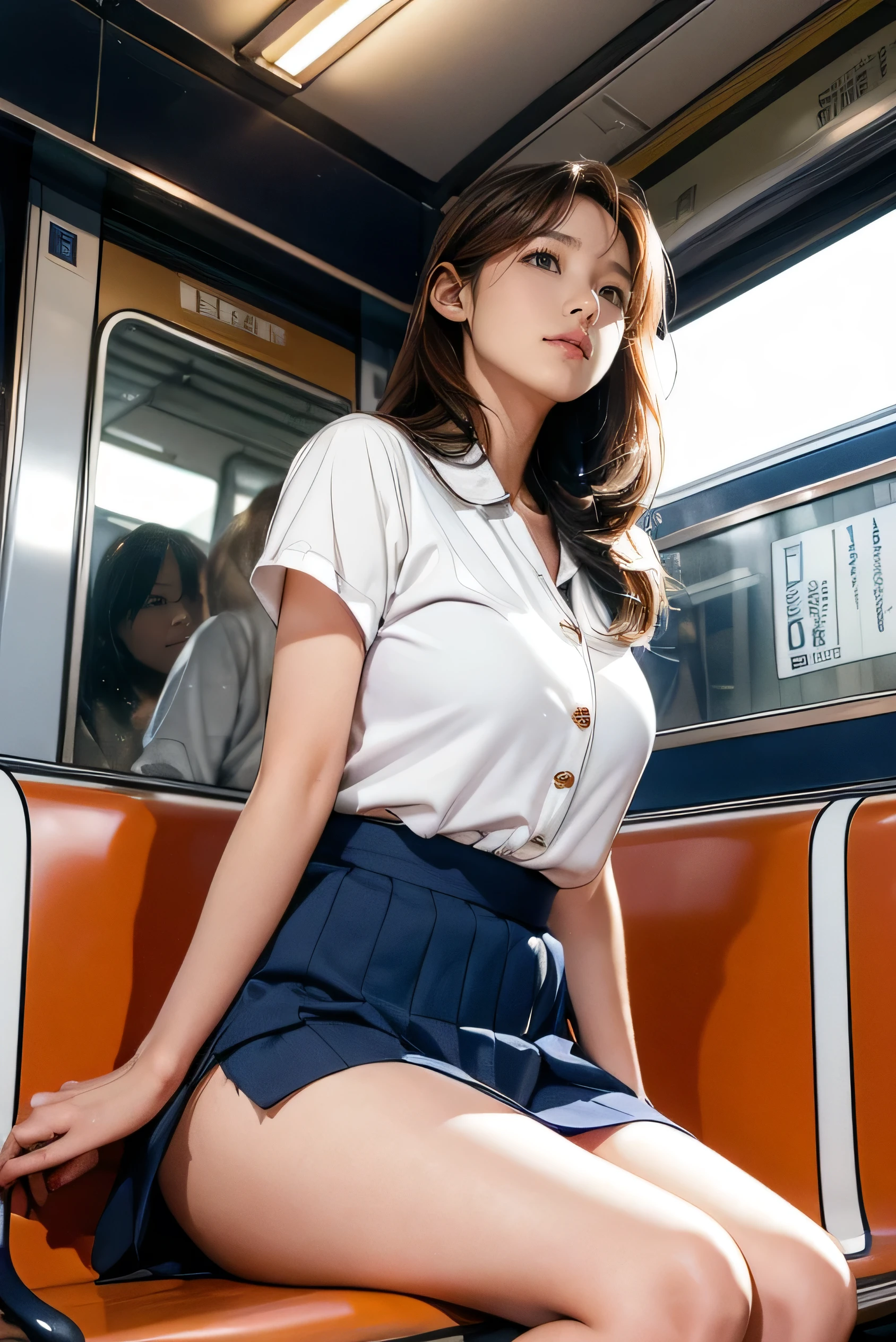 "(Masterpiece, High Definition, Ultra High Definition, 4K) Black hair, 14 years old Japan girl, uniform skirt, emphasizing thighs, white thighs, soft thighs, glossy thighs, sitting on the train, face-to-face angle, (angle from below),sitting in the train seat,Sitting in front,Zoom camera in the crotch,Feet on the train floor,Full body,Looking down and sleepy,Looking at the viewer only", best quality, ultra high definition, (photorealistic:1.4),, high resolution, detail, raw photo, sharp re, Nikon D850 film stock photo by Lee Jefferies 4 kodak portra 400 camera f1.6 lens rich colors hyper realistic lively textures dramatic lighting unreal engine artstation trends cinestir 800,