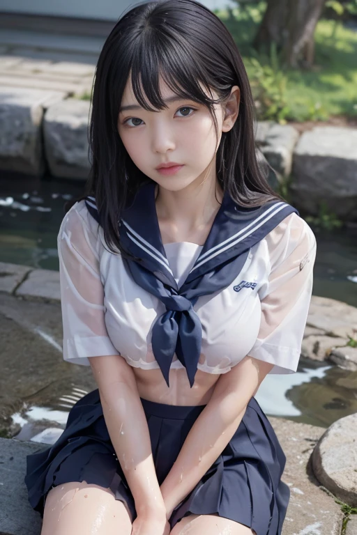 最high quality、high quality、best image quality、8k、最High resolution、High resolution、最high quality、masterpiece、RAW photo、whole body写真、Realistic human body in every detail、Realistic skin in every detail、Realistic face in every detail、Realistic eyes down to the details、Realistic lips in every detail、Realistic teeth in every detail、Realistic ears down to the last detail、Realistic hair down to the last detail、Realistic arms down to the last detail、Realistic reproduction of every detail、Realistic fingers in every detail、(fine hands、thumb１reference４)、Realistic feet in every detail、Realistic feet in every detail、Realistic breasts down to the last detail、Realistic areola in every detail、Realistic nipples down to the last detail、((beautiful japanese girl))、(japanese model), (japanese woman)、((18 year old beautiful girl))、(black hair)、(straight hair)、(ponytail)、((whole body))、((beautiful upturned chest))、(slim and slim style、slender style)、(whole body光沢肌、Fair skin)、Detailed and realistic human body、detailed realistic skin、detailed realistic face、detailed realistic arms、detailed realistic fingers、Detailed realistic feet、detailed realistic breasts、((暗い cold stormy weather))、((pouring rain))、((heavy rain))、((school playground))、sailor suit、sailor skirt、japanese school uniform、((pouring rainの中(girl standing in the middle of the schoolyard))、((It gets wet and see-through(クロップトップsailor suit、Sailor Mini Skirt))、((embarrassed look、blushing expression))、((pouring rainを浴びて(Soaked skin from head to toe))、((rainwater dripping from the skin))、((You can clearly see your body line even through the uniform..(My uniform gets wet and sticks to my skin))、((Rainwater dripping from uniform))、angle from below