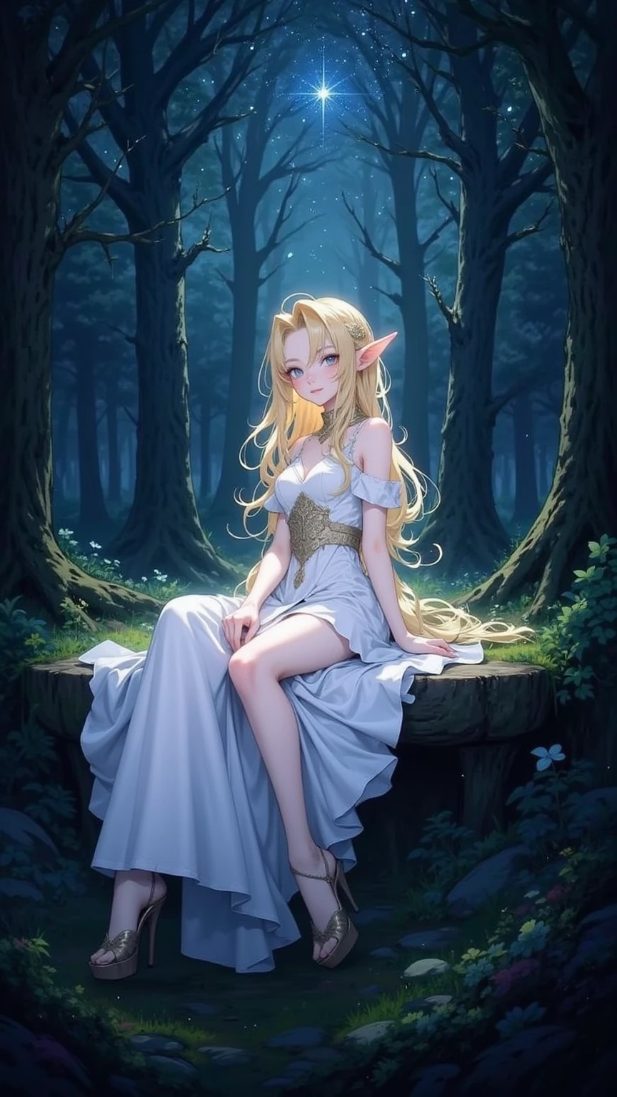 (Top Quality: 1.3), 8k, (Masterpiece: 1.3), Ultra High Definition, 1 Girl, (Elf: 1.5), (White Sheer Robe: 1.5), (Forest: 1.5), (Blonde: 1.5), (Full Body: 1.4), Cute Face, Medium Hair, Smile, 18 years old,