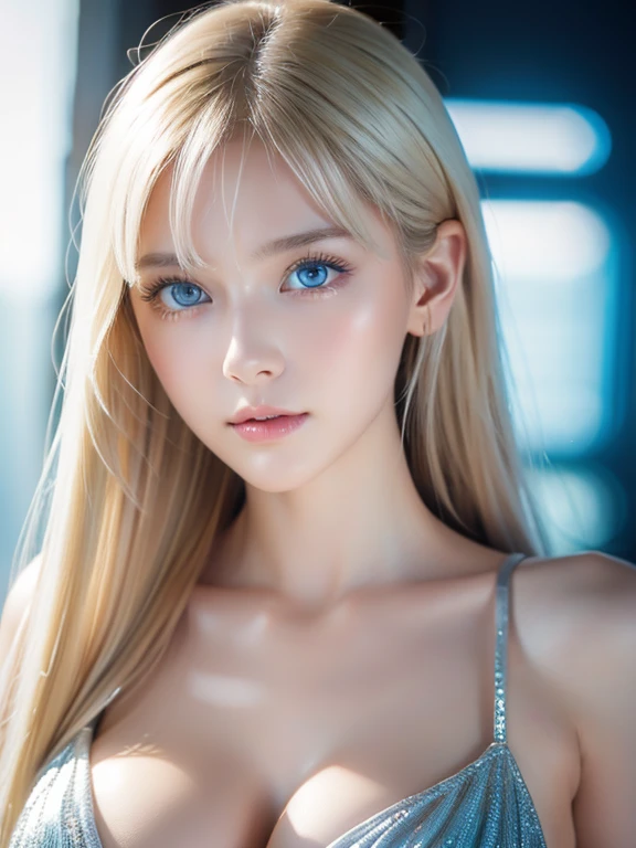 Female, 22 years old, (Fade High Top: 1.3), long hair, blue eyes, dark theme, soothing tones, muted colors, high contrast, (tiny chest:1.5), (cleavage), off-shoulder see-through silver dress, upper body, (natural skin texture, hyperrealism, soft light, sharp), (blonde)