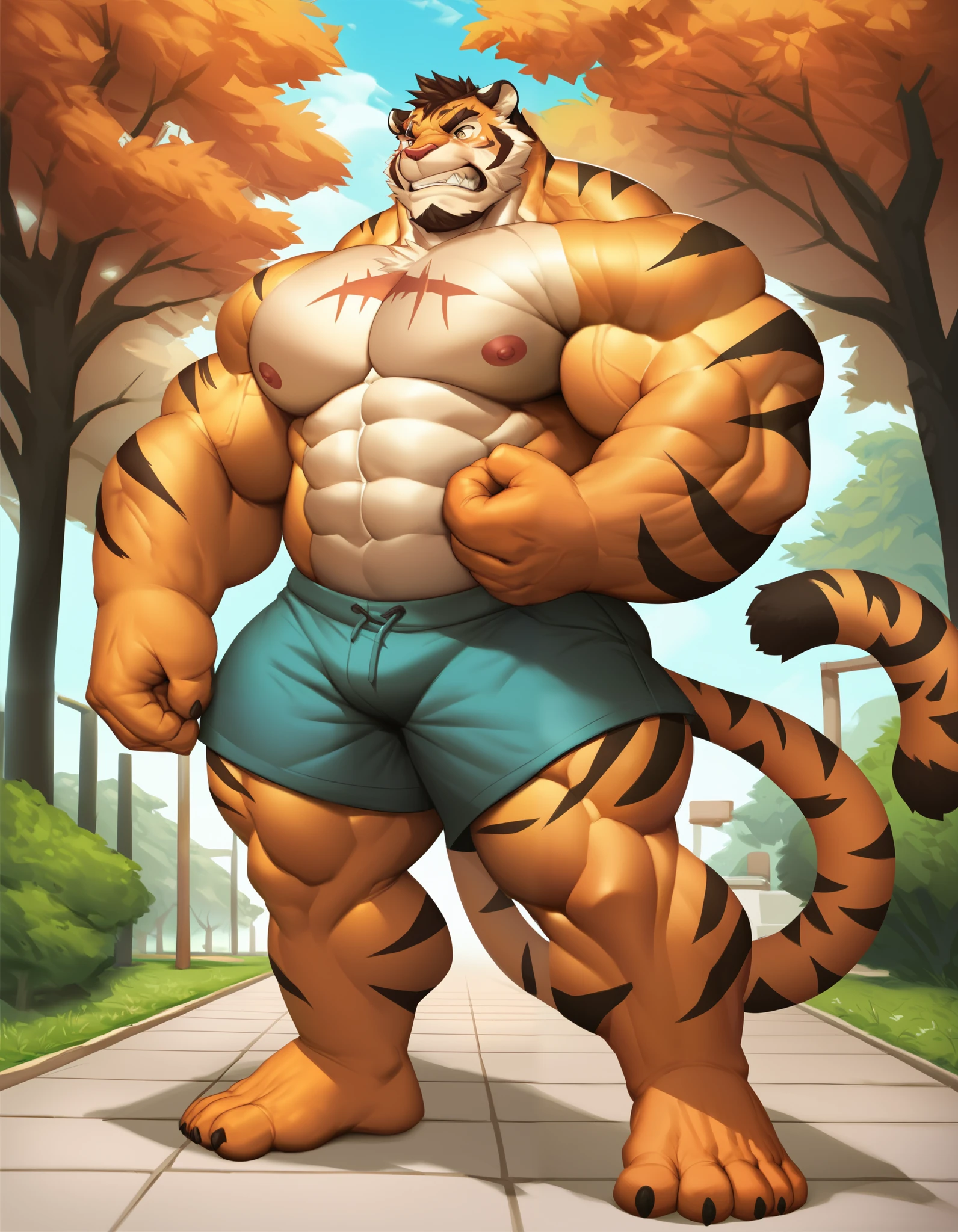 a man with big giant muscle tall body, furry tiger, topless, shirtless. full body, standing, solo, very big, very tall, very muscular,chest scar, shorts, park, nipples