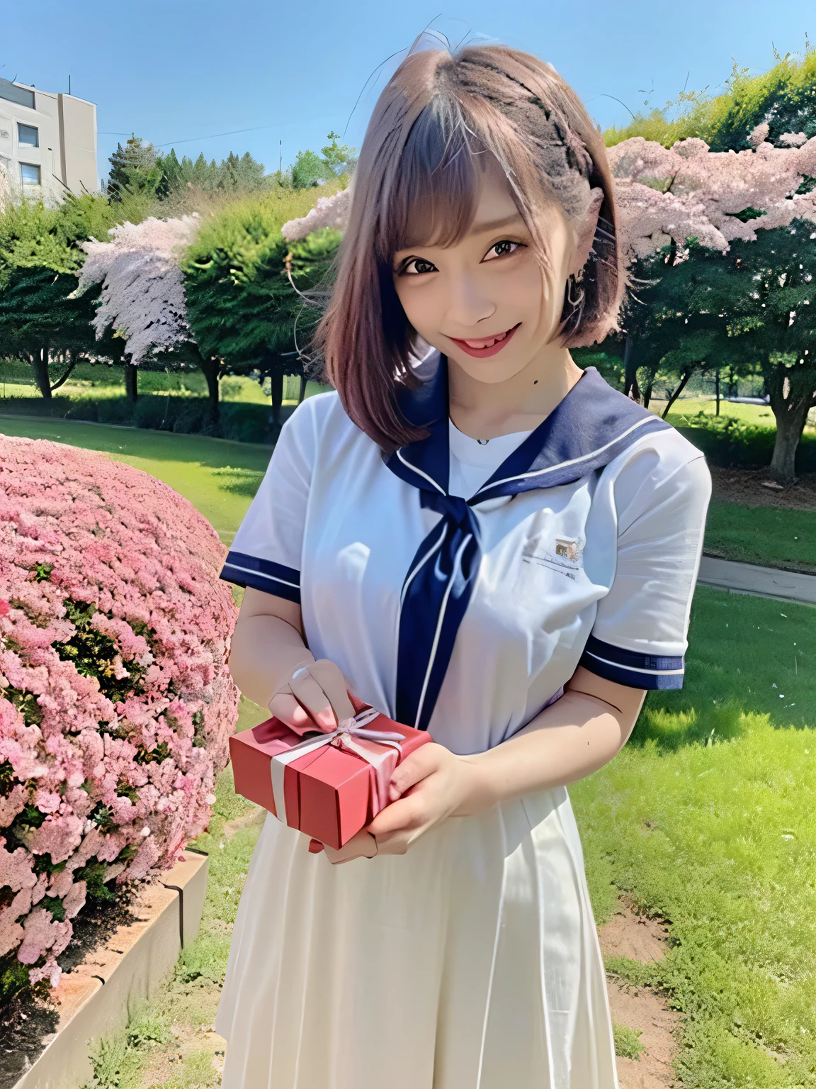 A stunningly beautiful 20-year-old woman stands in a lush green park full of cherry blossoms in full bloom under a clear blue sky. She is wearing a classic sailor uniform and holds a neatly wrapped gift box with a red ribbon in both hands in front of her chest. The box is small, wrapped in decorative paper, and tied with a bow. She looks very happy, with a radiant and joyful expression.A stunningly beautiful 20-year-old woman stands in a lush green park full of cherry blossoms in full bloom under a clear blue sky. She is wearing a classic sailor uniform and holds a neatly wrapped gift box with a red ribbon in both hands in front of her chest. The box is small, wrapped in decorative paper, and tied with a bow. She looks very happy, with a radiant and joyful expression. short hair, smiles