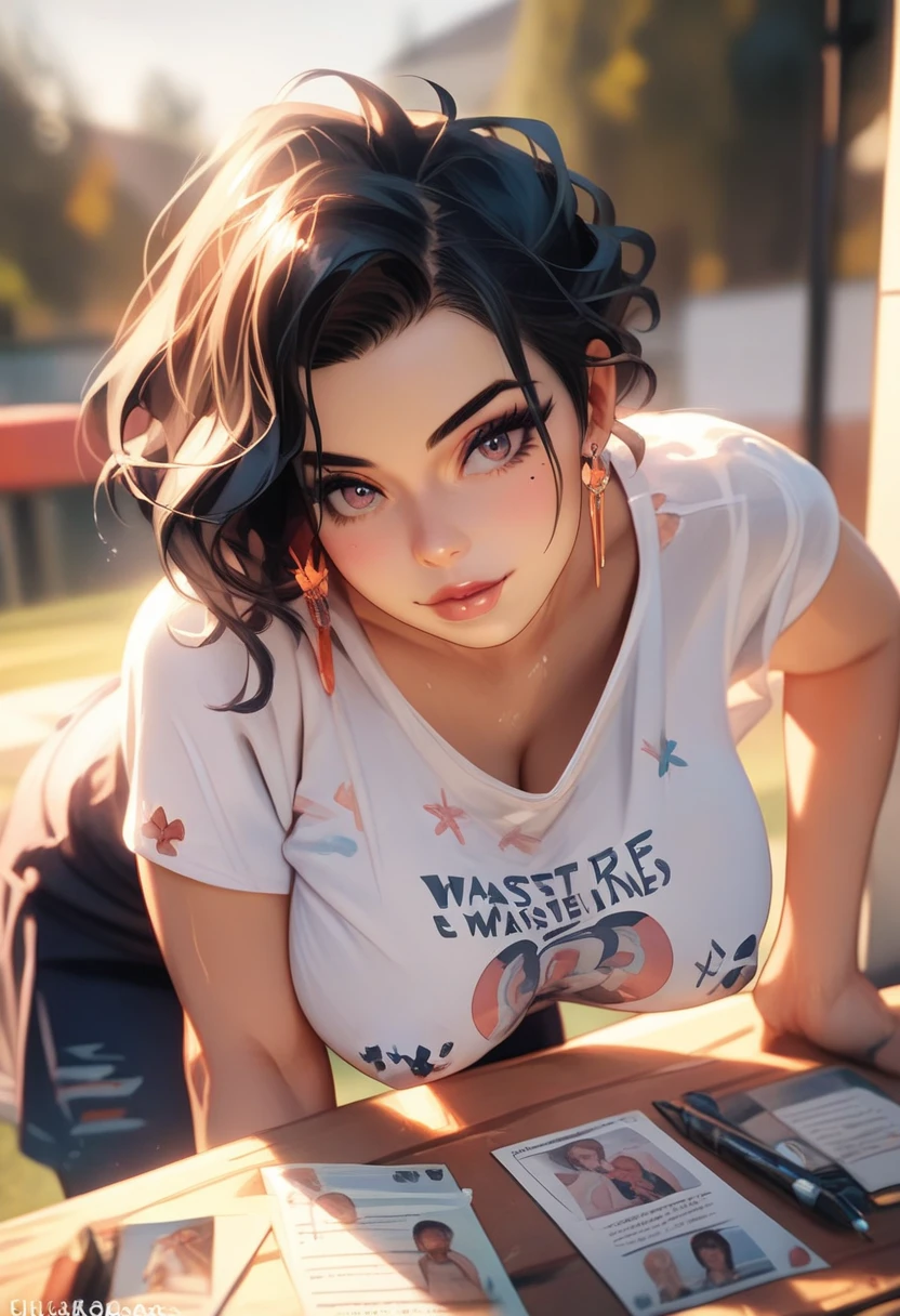 A stunning woman stands solo, hips slightly upturned, her detailed face radiating a sultry invitation. amber eyes shine like warm honey as she sports multi-colored hair with trendy bangs. A tattooed dragon wraps around her toned physique, visible beneath a fitted t-shirt that accentuates her chest. A delicate necklace glimmers against her skin as she confidently wears a sexy smile. Her mischievous gaze seems to say 'come closer', drawing the viewer's eye like a magnet. Framed by a soft, beauty is perfectly balanced and on full display, with the tip of the nipple showing through