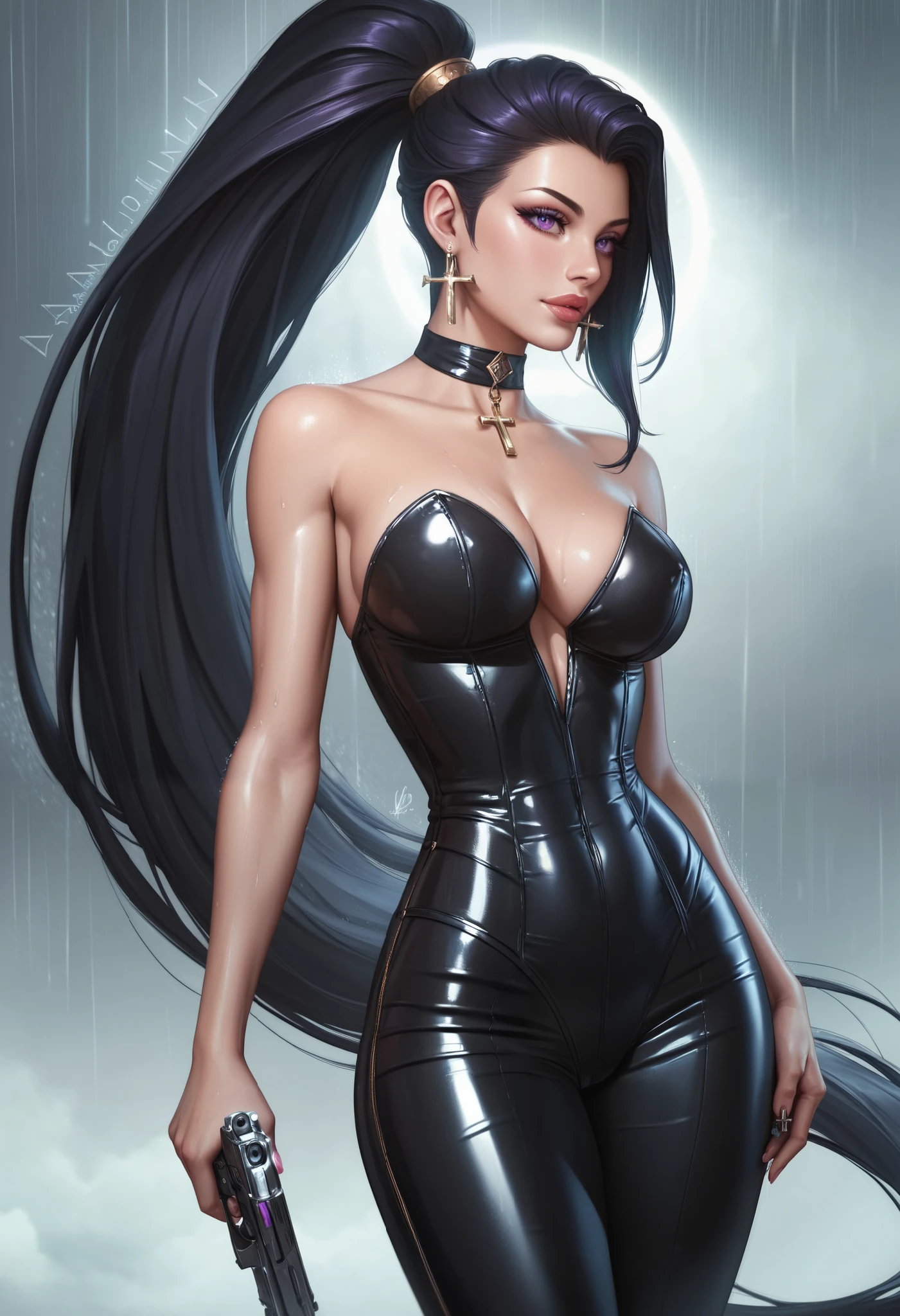 8k wallpaper, perfect lighting, masterpiece, very young slim fit girl, full height, rounded face, (straight long black hair:1.3), (big brown eyes:1.3), evil smile, perfect medium breast, look at you, elegant tight dress, very long dress with slit, tight dress, sexy dress, very long fit leg, narrow hips, hold hands behind back, christinaricci-ti, chri5tinaricci9899