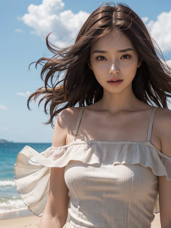 ((of the highest quality)),((masutepiece)),((Very beautiful)), unique light and shadow, One girl, hair messy, Realistic skin texture, strong breeze, Rain, Rocky Shore, rough sea, Feminine pose