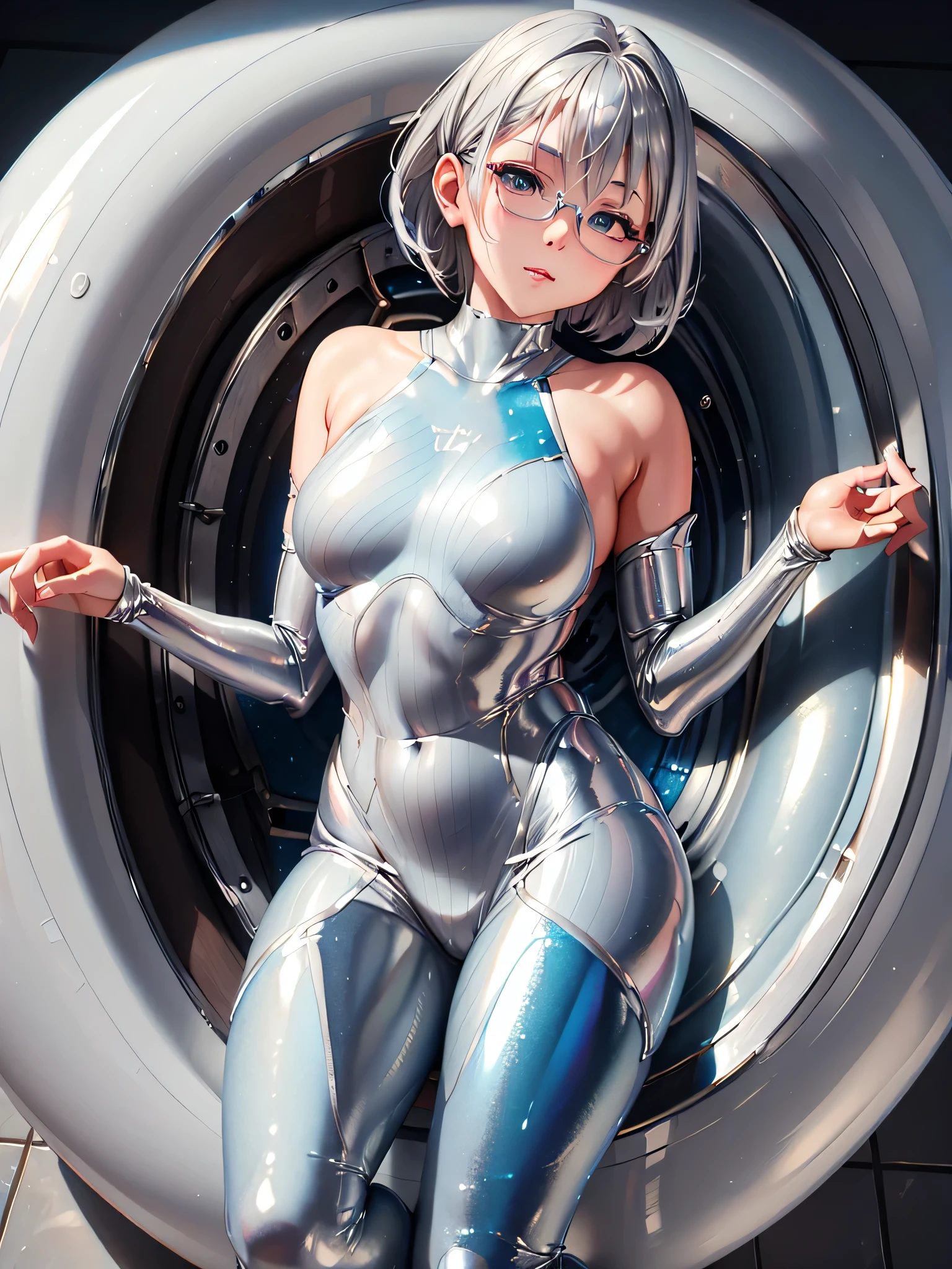 (( highest quality)), (( Masterpiece)), ( Details), (8k), (UHD), close-up 、Spread your legs wide、 low angle、 short hair、 blue eyes、 Silver Hair、Glasses、Full body silver metallic enamel suitを着た美女、Full body silver metallic enamel suit