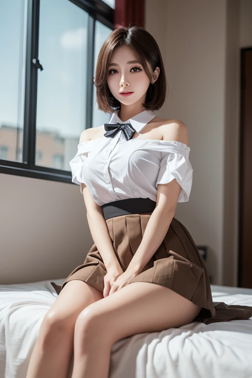 1 girl, (8k, RAW photo, best quality, masterpiece: 1.2), (realistic, photo-realistic: 1.37), ultra-detailed, beautiful, solo, beautiful detailed sky, detailed coffee, night, sitting, (flushed nose), (smile: 1.1), medium breasts, beautiful detailed eyes, long brown hair, (collared shirt: 1.1), bow tie, pleated skirt, (short hair: 1.2), long hair, taking big ice cream,