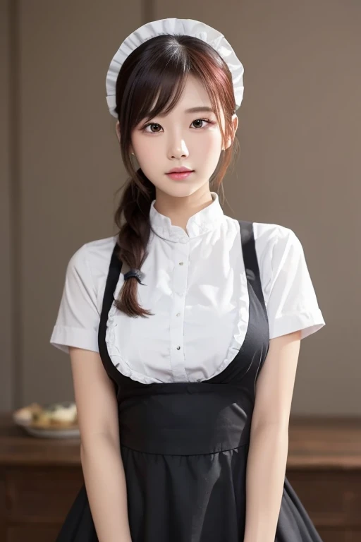(Super cute Korean high school girl waitress photo:1.2)(grin,Smile)(Beautiful Sweat:1.1)(16K, RAW Photos, Highest quality, masterpiece: 1.2),(Beautiful black hair in a bun) Super detailed, Super Resolution, (Genuine, Genuine photos: 1.37), Portraiture, High-resolution RAW color photos, Professional photos, Very detailed, 8k wallpaper, Very detailed CG Unity 8k wallpaper, Very detailed beautiful girls, Very detailed faces, ((whole body)), beautiful woman, Huge breasts,(huge boobs:1.1) (Big Boobs:1.1), Beauty college student (Naked Apron:1.1),high school girl, Korean Girls,(K-POP Female Idols), (Idol-class beauty)(Beautiful high school girl:1.1)(A lovely restaurant with a huge cake decorated with cat illustrations)(18-year-old)(Waitress costumes:1.1)(Cat Cosplay:1.1)(Animal ears:1.0)(NSFW)Cat headband,from side