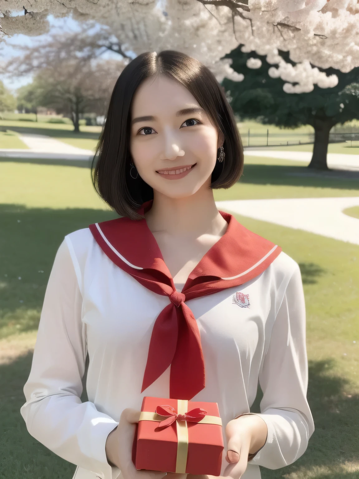 A stunningly beautiful 20-year-old woman stands in a lush green park full of cherry blossoms in full bloom under a clear blue sky. She is wearing a classic sailor uniform and holds a neatly wrapped gift box with a red ribbon in both hands in front of her chest. The box is small, wrapped in decorative paper, and tied with a bow. She looks very happy, with a radiant and joyful expression.A stunningly beautiful 20-year-old woman stands in a lush green park full of cherry blossoms in full bloom under a clear blue sky. She is wearing a classic sailor uniform and holds a neatly wrapped gift box with a red ribbon in both hands in front of her chest. The box is small, wrapped in decorative paper, and tied with a bow. She looks very happy, with a radiant and joyful expression. 