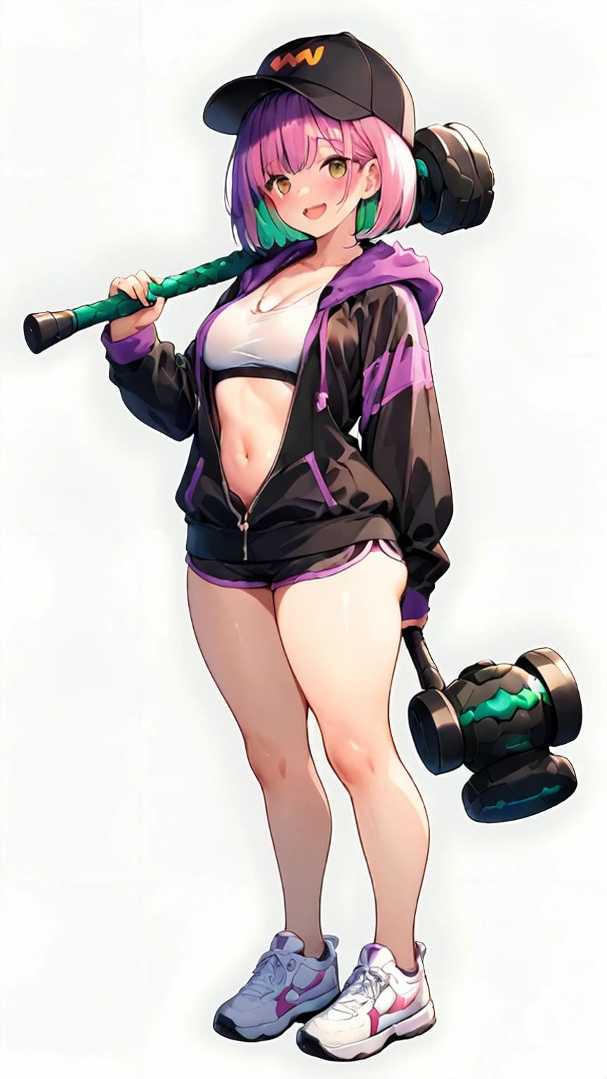 1woman, huge hips, small breasts, wearing shorts,  bulge in shorts, wearing black crop top with rips, licking a popsicle