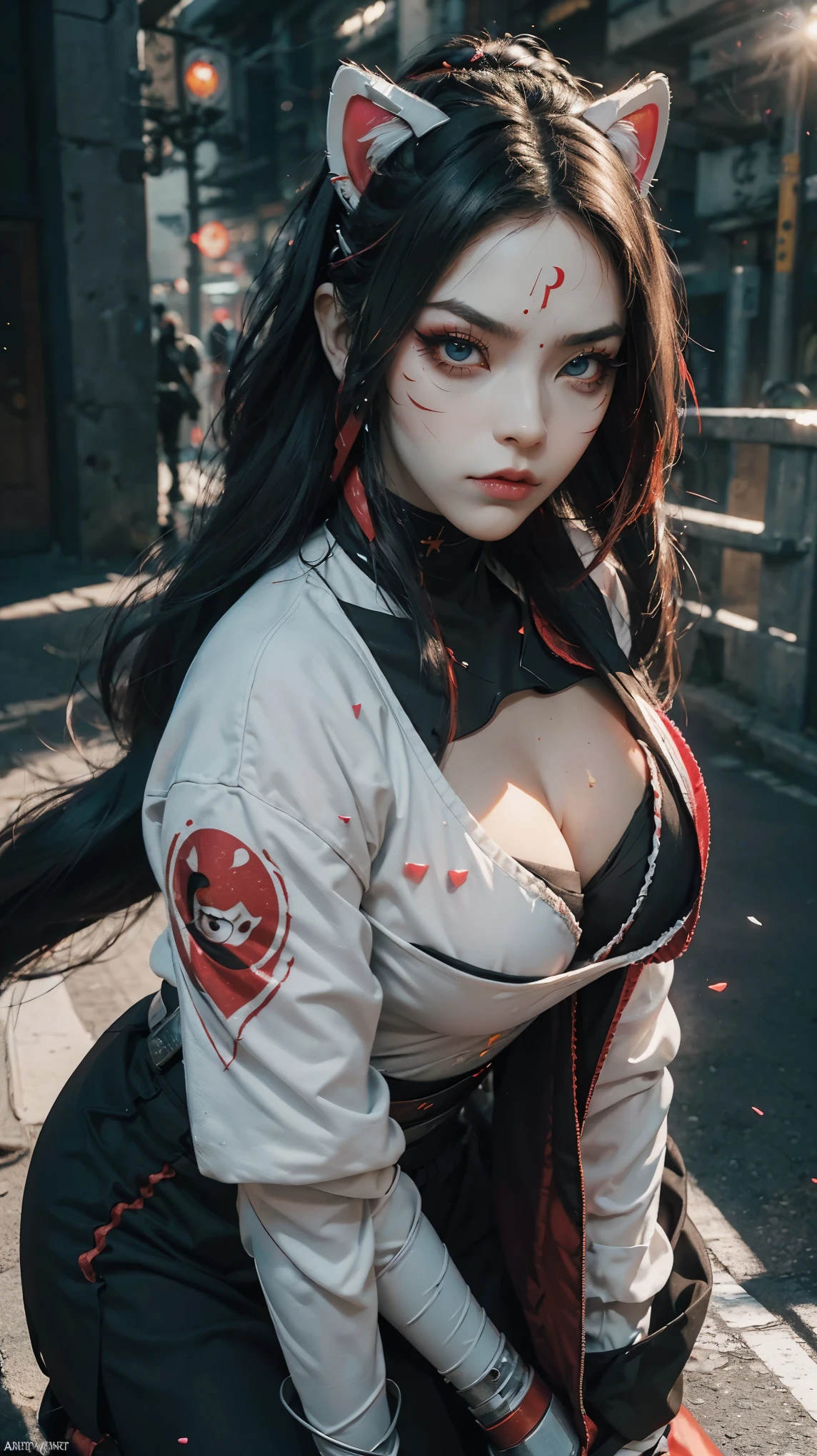 from above, Pointed angle , top perspective , VERY CLOSE, chica ninja kabuki, seductive expression , with black hair /red, extra straight hair with highlights , ninja hairstyle , huge eyes, cyber ninja clothing , shiny silver eyes , delineado de ojos red, make-up red, wearing a robotic kabuki cat mask, side mask , neckline, hyperrealistic skin texture , white skin, bright and vivid , (make-up: 1.2), ( big eyes : 1.4), ( big breasts: 1.2), (Constriction: 1.2), corriendo en una cyberpunk city , (top quality, masterpiece, absurd: 1.2), cyberpunk city , Raytracing, afternoon light, shadow, ( particles of light: 1.6), ultra detailed, piercings, ciber katana