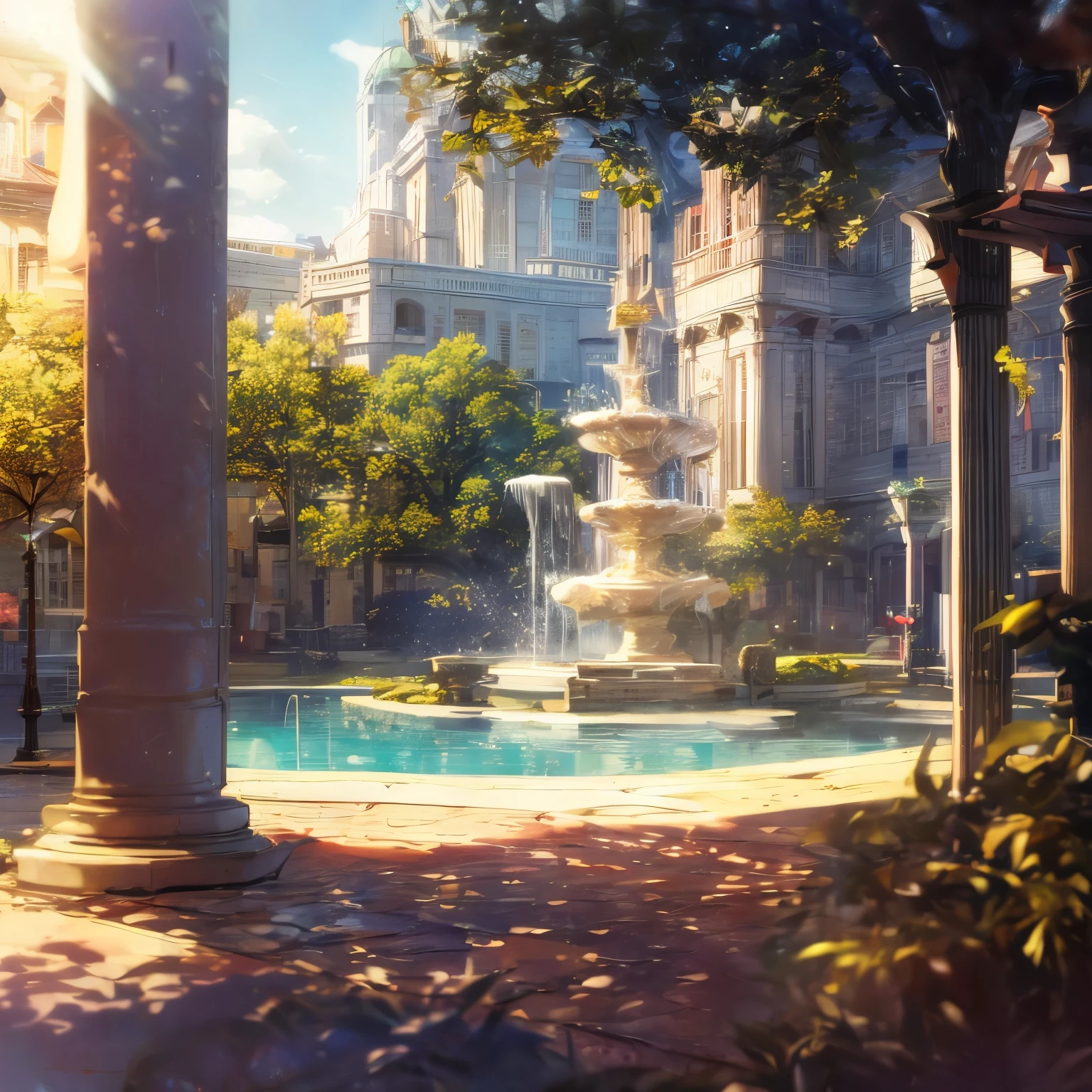 A forty-year-old man sitting next to a fountain in English park, As the clock strikes 2 :00 pm and the sunlight passes between the leaves, In the year 2000 ,masterpiece, high resolution, depth of field, god rays, 