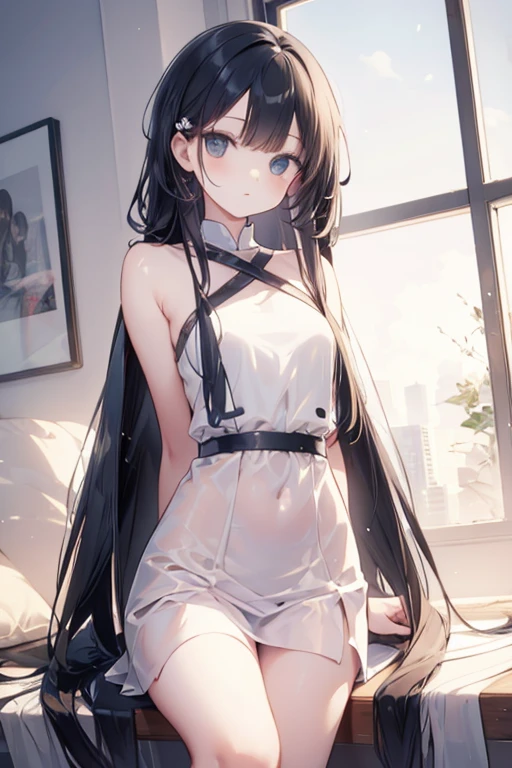 (masterpiece), Highest quality, One girl, 8-year-old, Cute girl, Flat Chest, Black Hair, Very long hair, View your viewers,
She wears a dress, White Dress, Sundress, Summer Dresses, See-through lace dress, micro short dress, micro mini dress, clothes without collar, She doesn't wear underwear, Not wearing a bra, Not wearing panties, Nipples sticking out of dress, (Erect nipples proclaiming their presence beneath the fabric), The material of her clothes is very thin、The body is clearly visible, Exposing shoulders, The clavicle is visible, Not wearing a jacket, She is wearing a sleeveless dress, Her dress is so small that her crotch is visible., The hem of the clothes is above the crotch、I can see your pussy, (Share:1.5), The length of the dress only reaches down to the waist, Not wearing a skirt, She has no pubic hair,
She stands with her legs spread, Open your knees, Very shy, Wearing a straw hat,
Behind the building, Leaning against a wall, There is a passerby behind her, blush, alley,