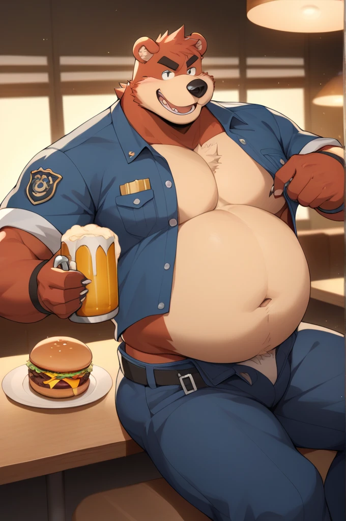 2 Male, two males, mates, father and son, incest, male on male, twosome, couple, duo, feeding, feeder, feedee, shoving food in mouth, gainer, gainerart, anthro, Orange Fox, older male, relaxed expression, happy expression, brown chest fur, buffet restaurant, buffet line, wearing pants, denim jeans, pants pulled down, button up shirt, open shirt, torn clothing, ripped, tattered, massive bulge, (tenting(pants)), (outstretched pants), (male genitalia outline(pants)), erection, (fully-erect), food in background, pizza, doughnuts in background, plies of food, plates, lazy, slob, stained fur, stains, detailed lighting, brown chest tuft, ruffled fur, musclegut, belly, beer belly, (overweight:2.5), sitting in a booth, framed pictures in background, beer, drunk, intoxicated, focus on belly, stuffed, full belly, weight gain, obese, muscular arms, detailed belly, detailed hands, attractive, body hair, (detailed genitals), (hairy chest), facial hair, scruff, ruffled fur, (detailed genital outline), snout, long snout, teeth, perfect eyes, mature male, parent and son, incest, father figure, dad, dilf, daddy, dad bod, fangs, wide waist, broad shoulders, strong thighs, canine teeth, white teeth, detailed hands, big bulge, detailed crotch, dramatic lighting