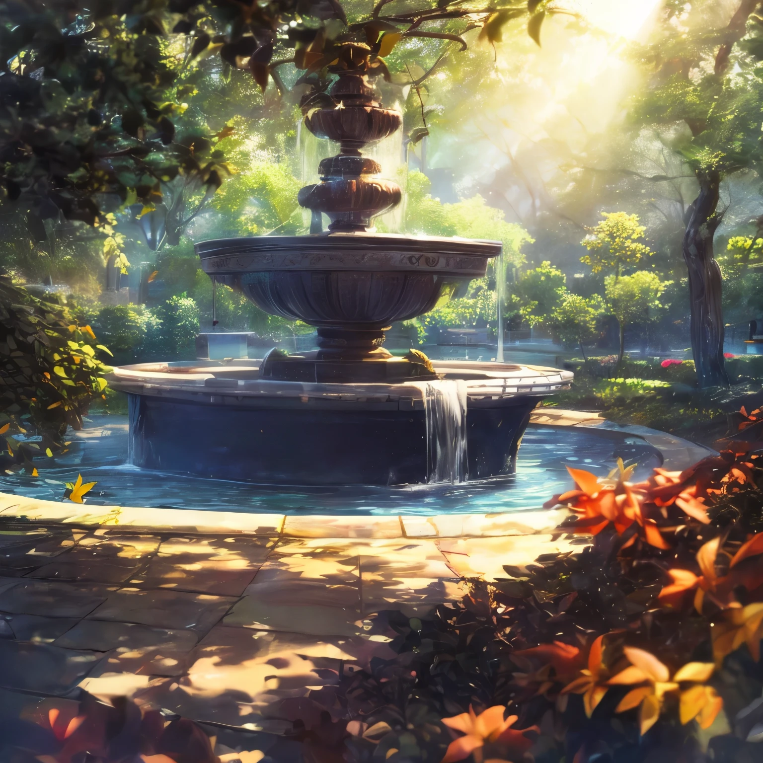 A forty-year-old man sitting next to a fountain in English park, As the clock strikes 2 :00 pm and the sunlight passes between the leaves, In the year 2000 ,masterpiece, high resolution, depth of field, god rays,